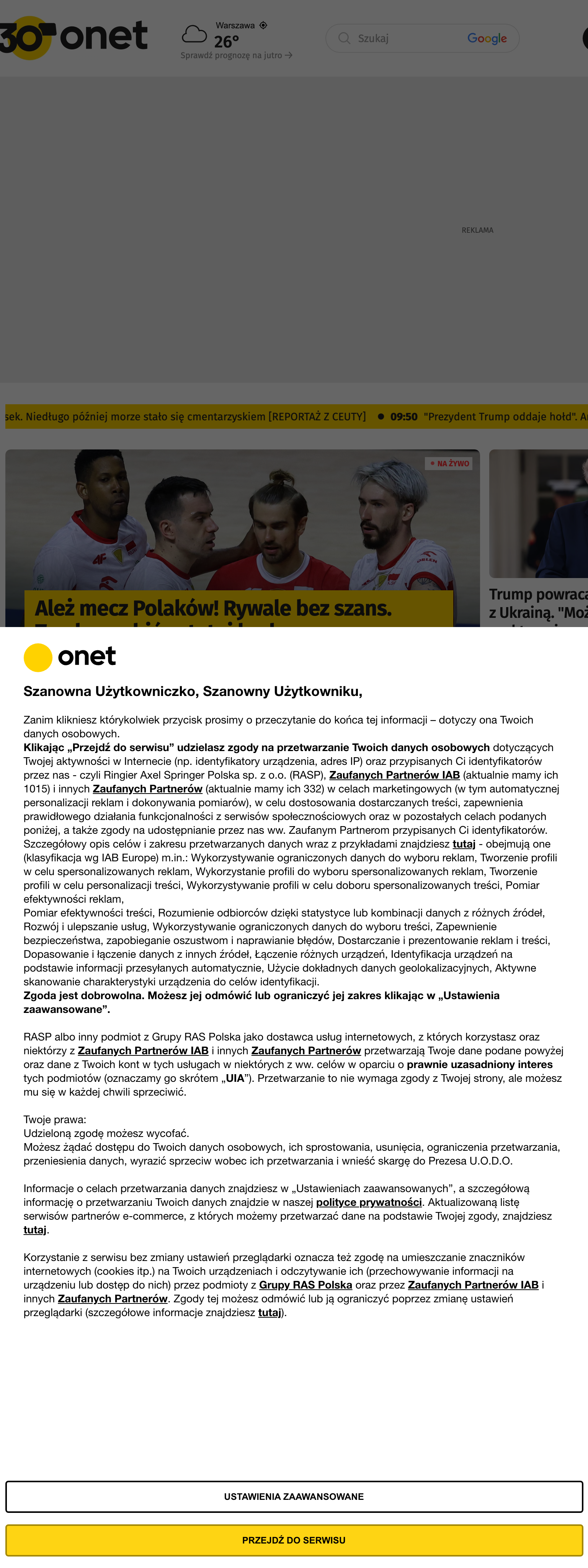 Screenshot of the Onet front page