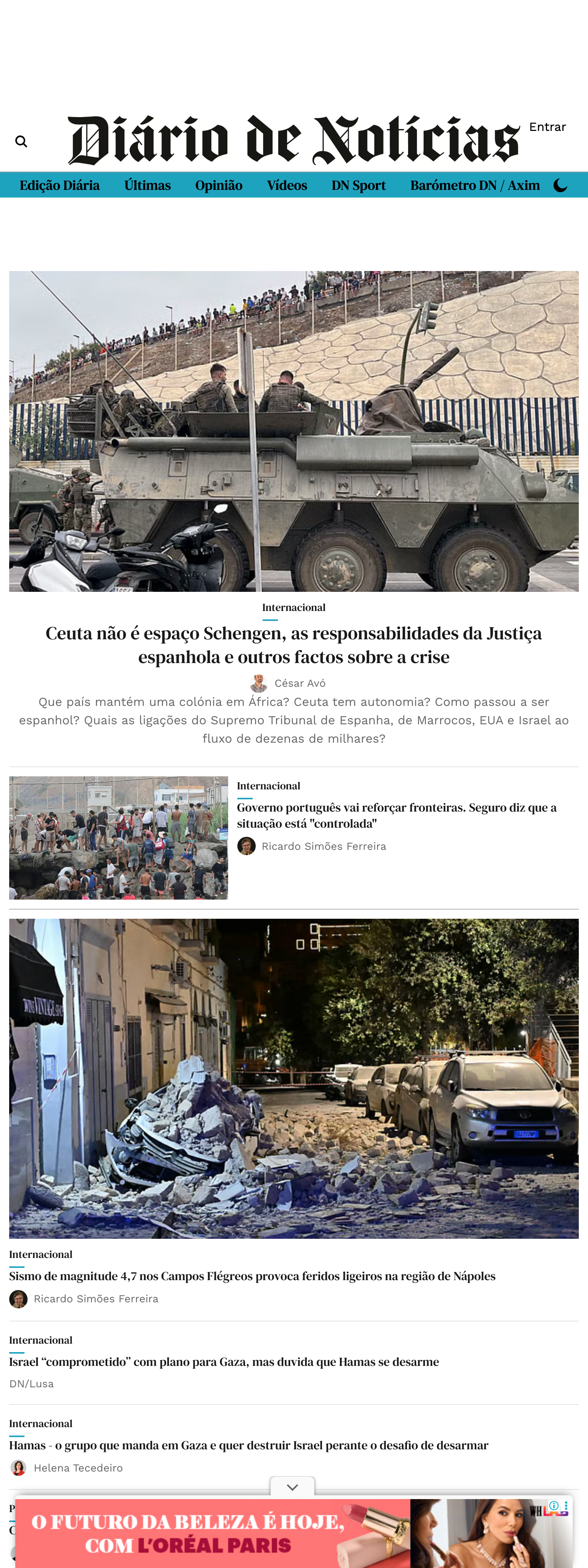 Screenshot of the Diário de Notícias front page