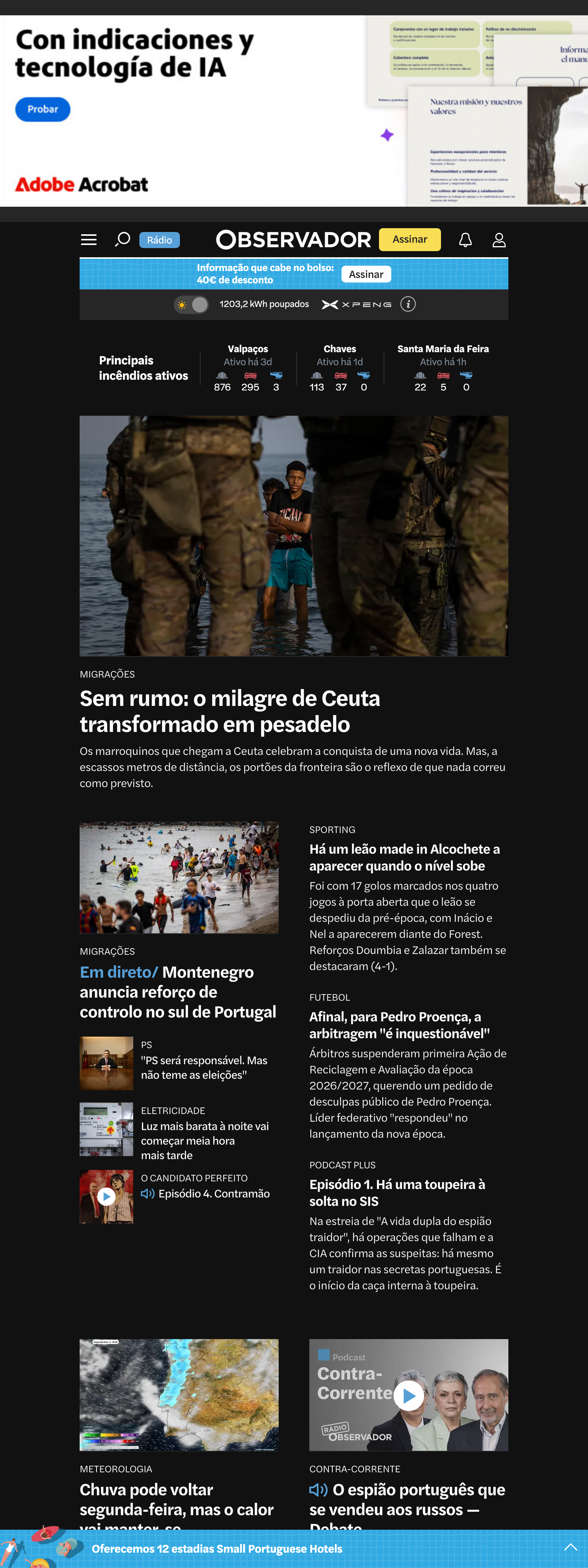 Screenshot of the Observador front page