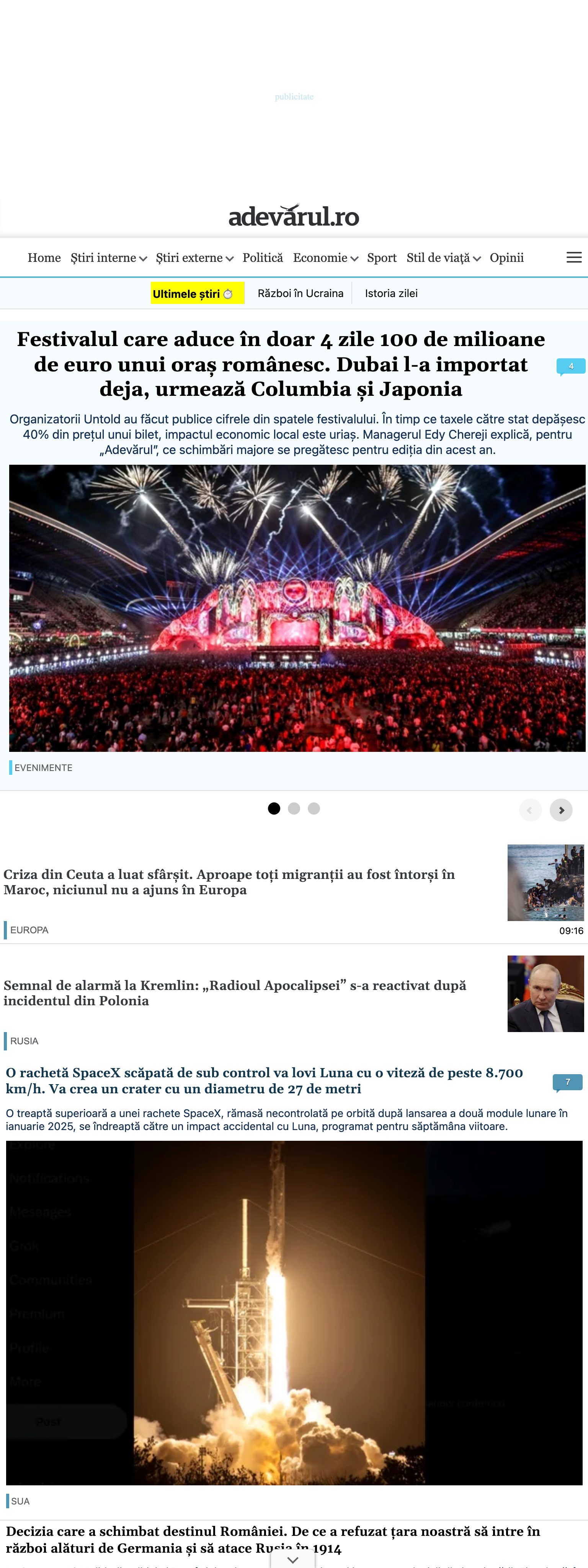 Screenshot of the Adevărul front page