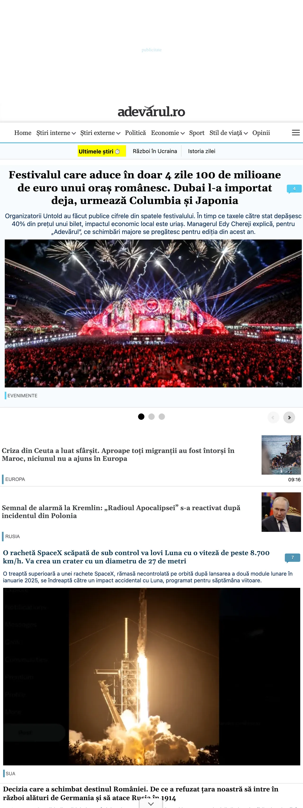 Screenshot of the Adevărul front page