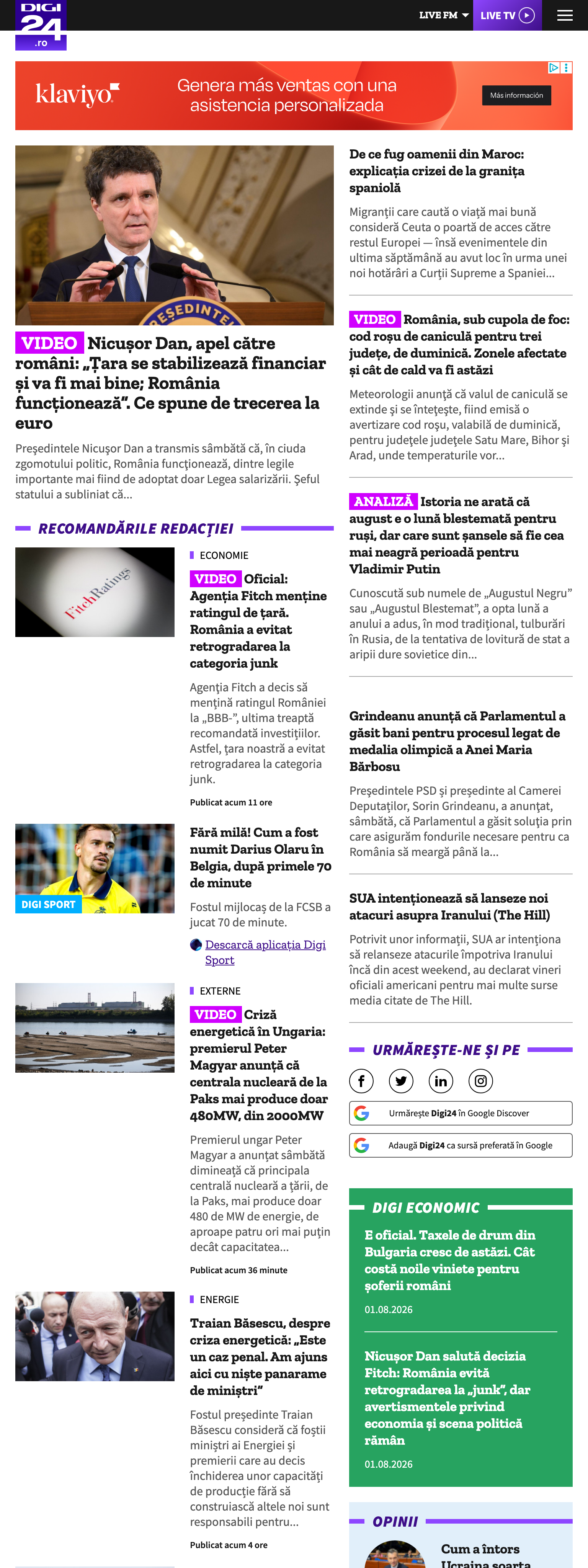 Screenshot of the Digi24 front page