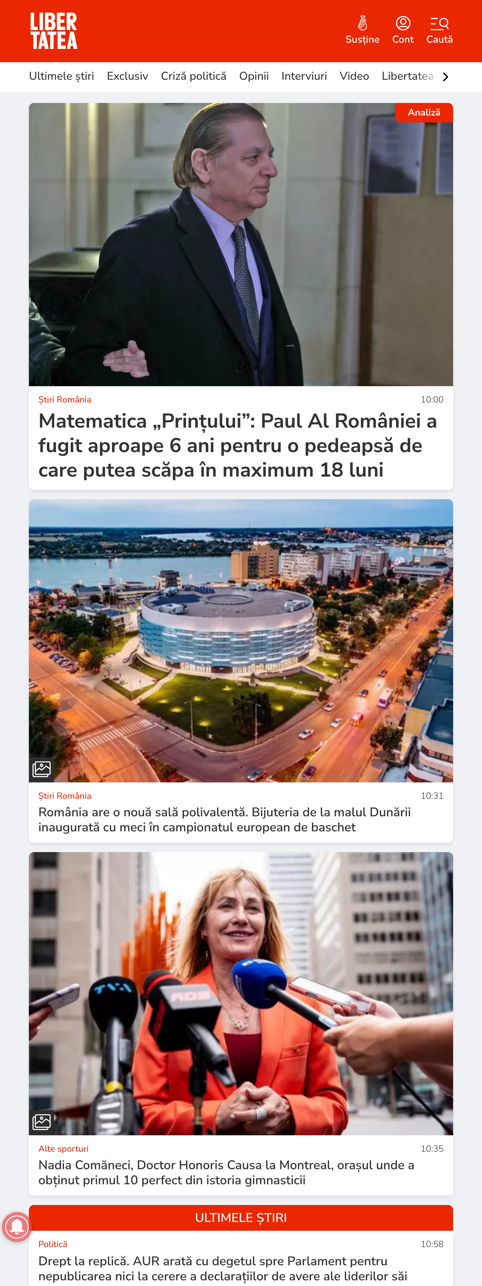Screenshot of the Libertatea front page