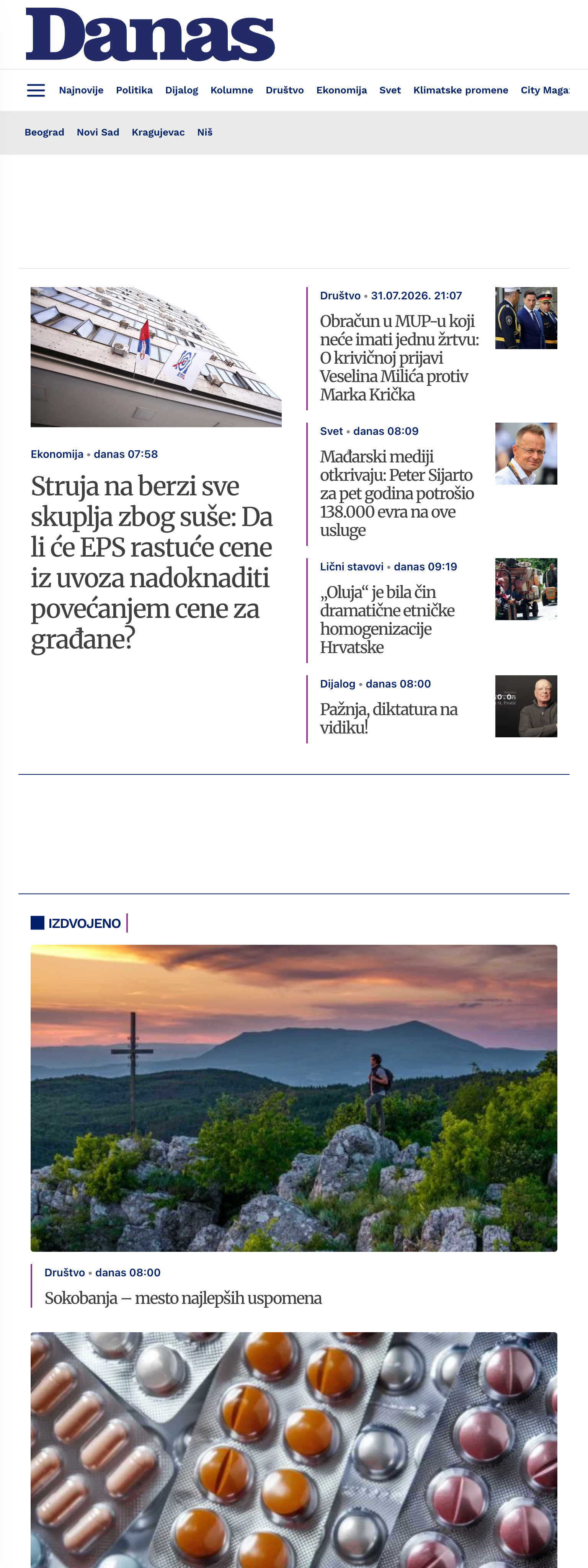 Screenshot of the Danas front page