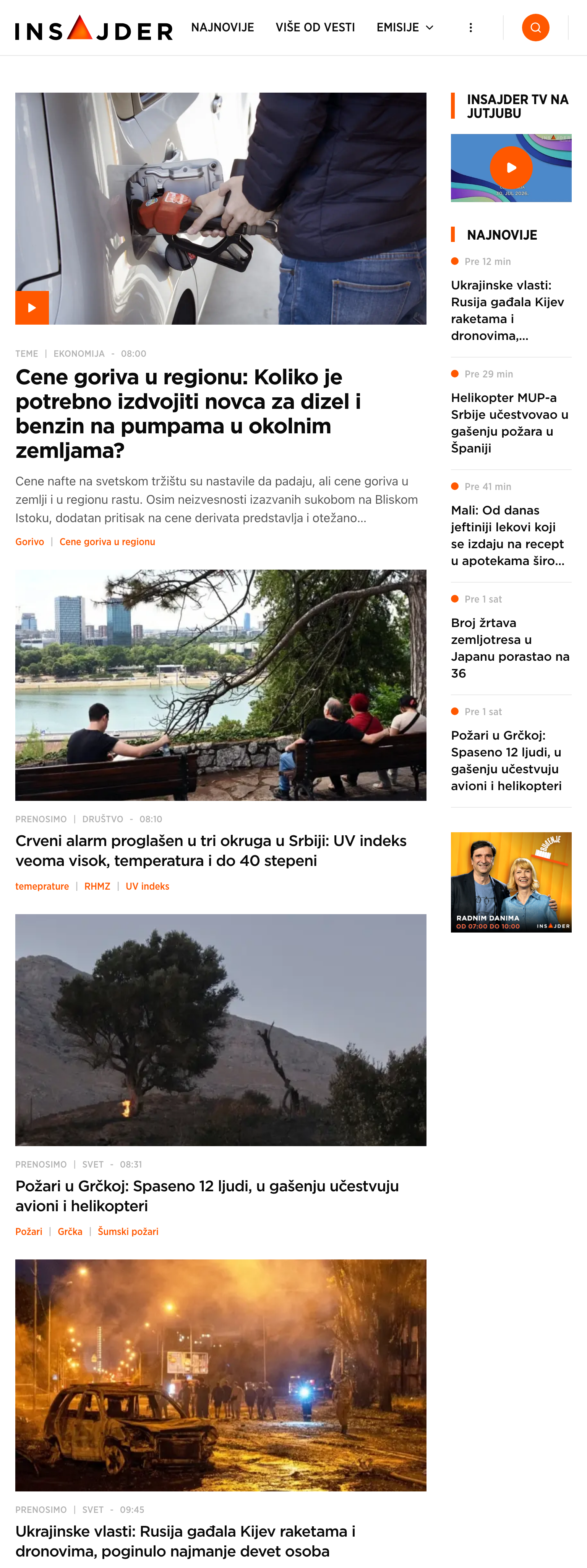 Screenshot of the Insajder front page