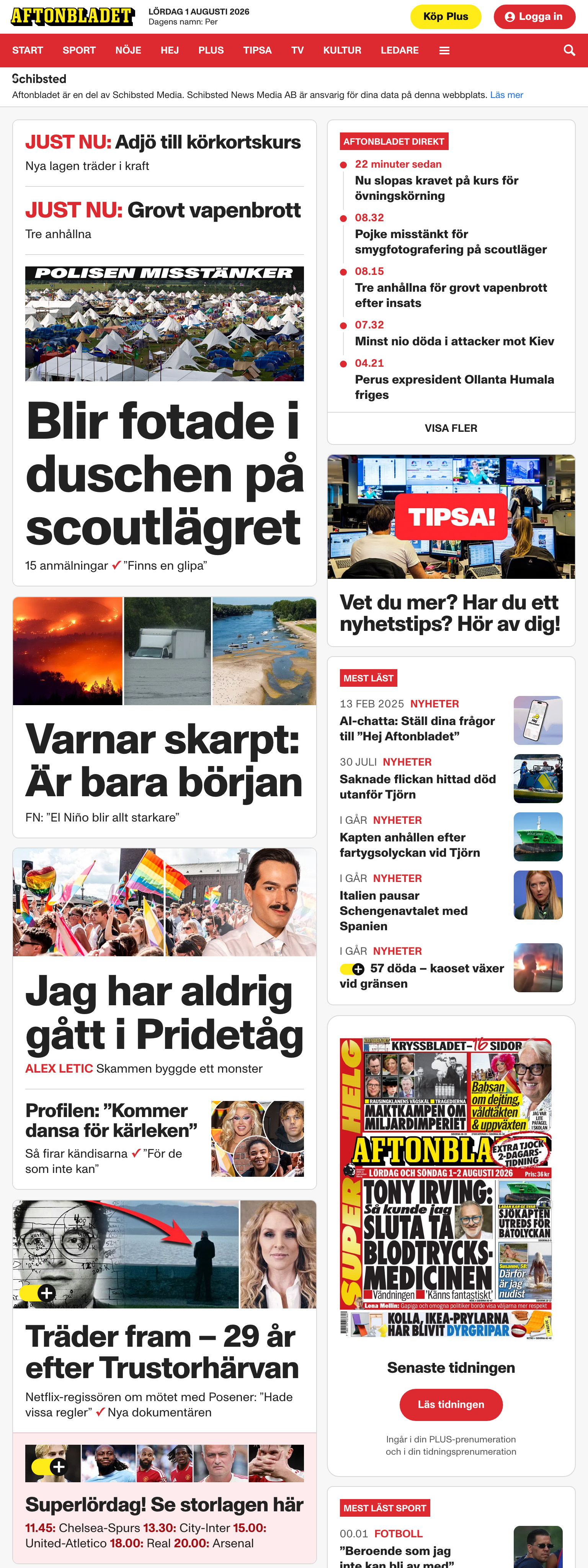 Screenshot of the Aftonbladet front page