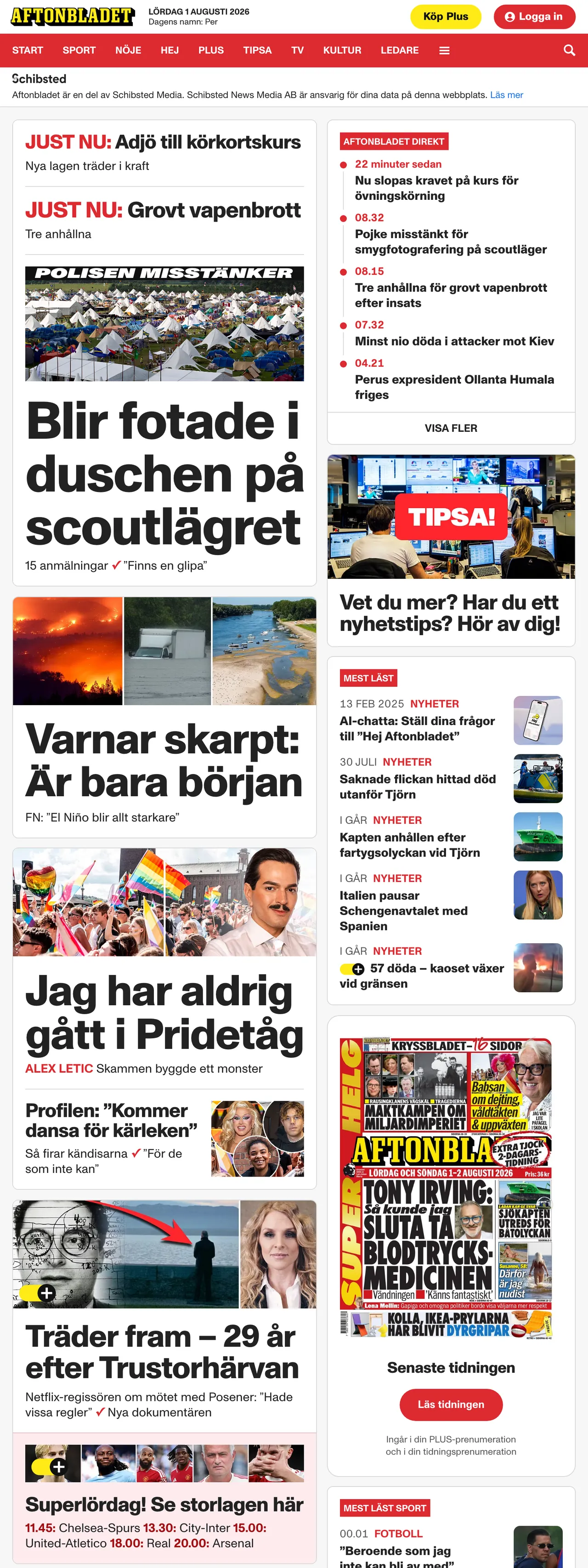 Screenshot of the Aftonbladet front page