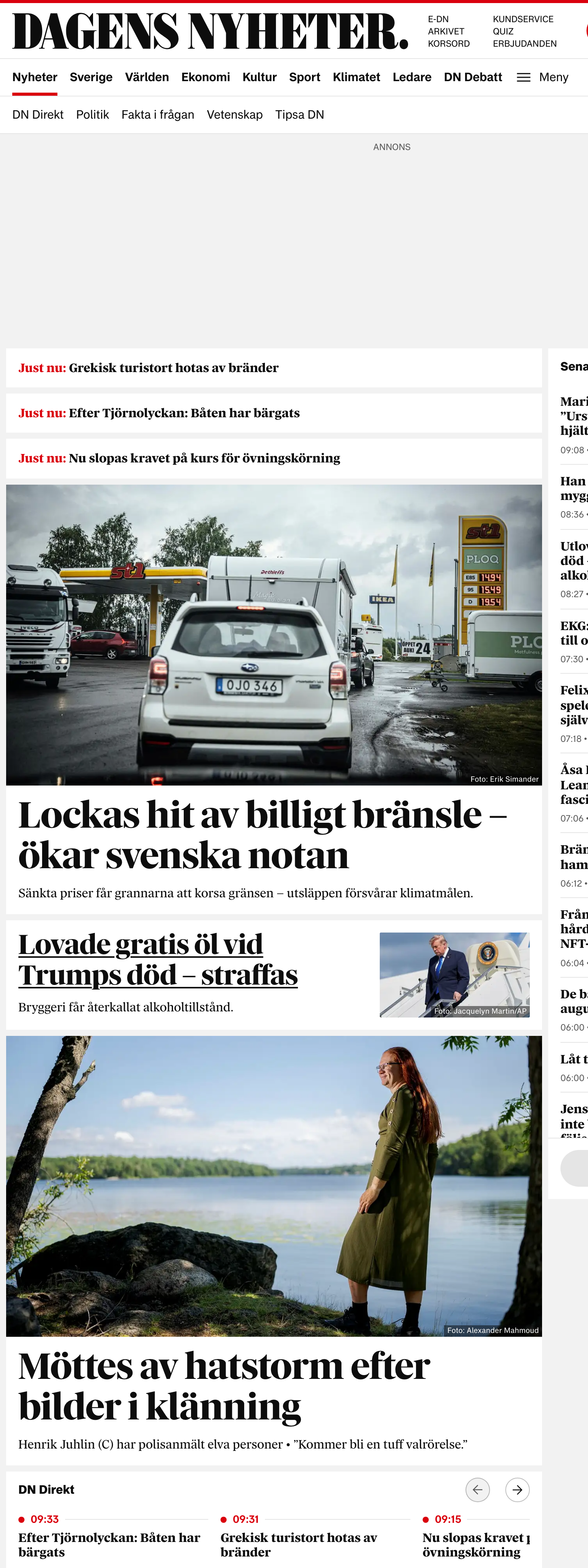 Screenshot of the Dagens Nyheter front page