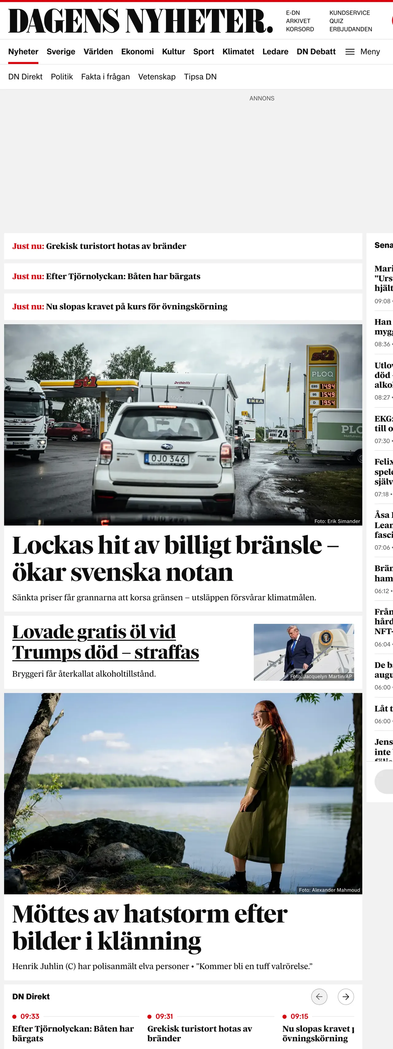 Screenshot of the Dagens Nyheter front page