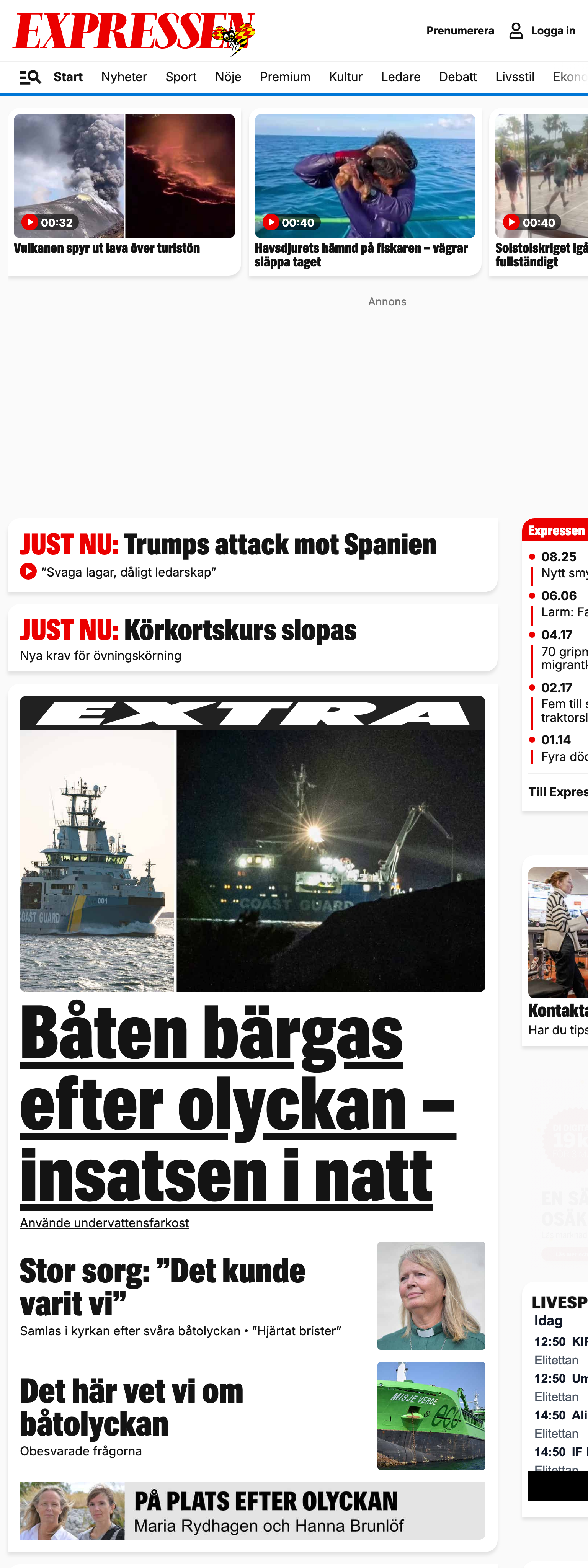 Screenshot of the Expressen front page