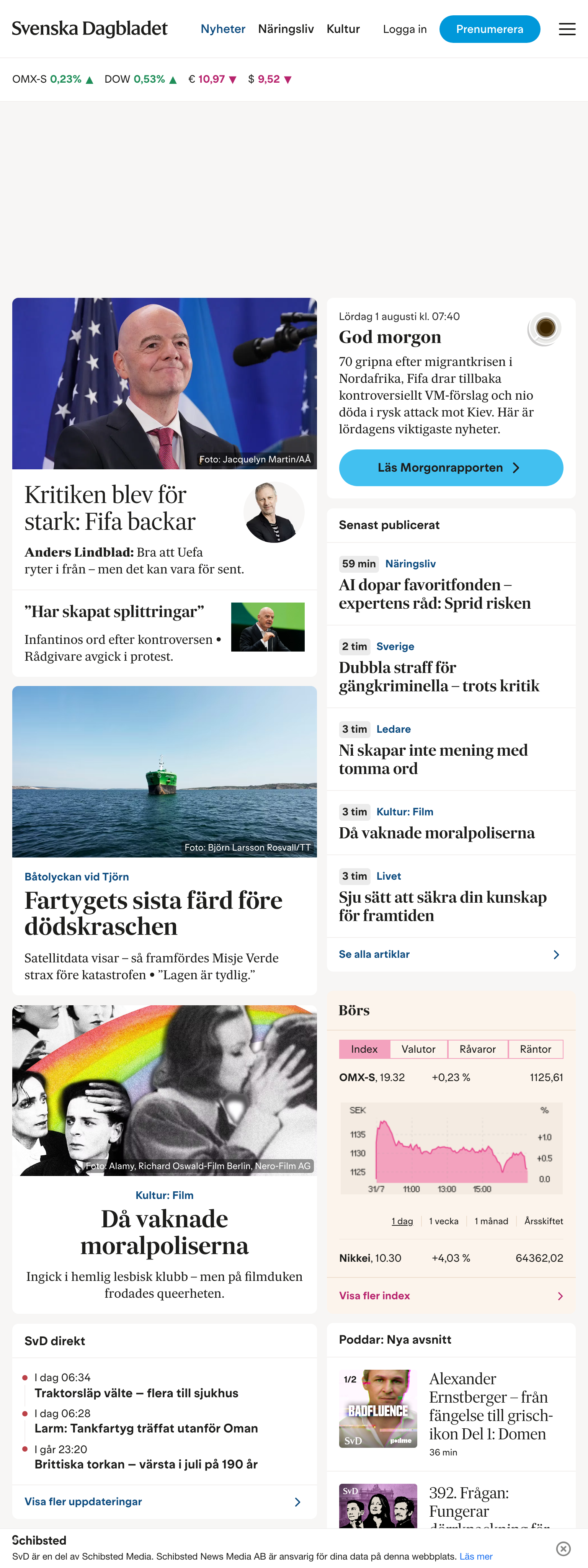 Screenshot of the Svenska Dagbladet front page