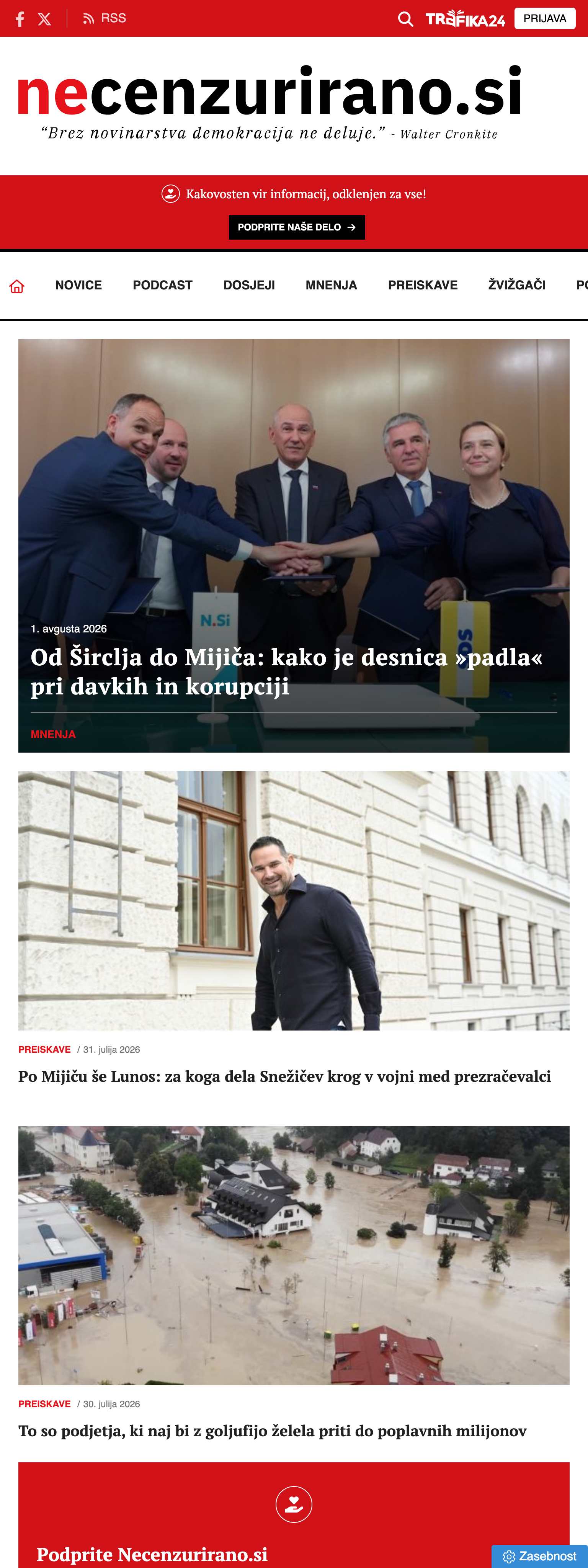 Screenshot of the Necenzurirano front page