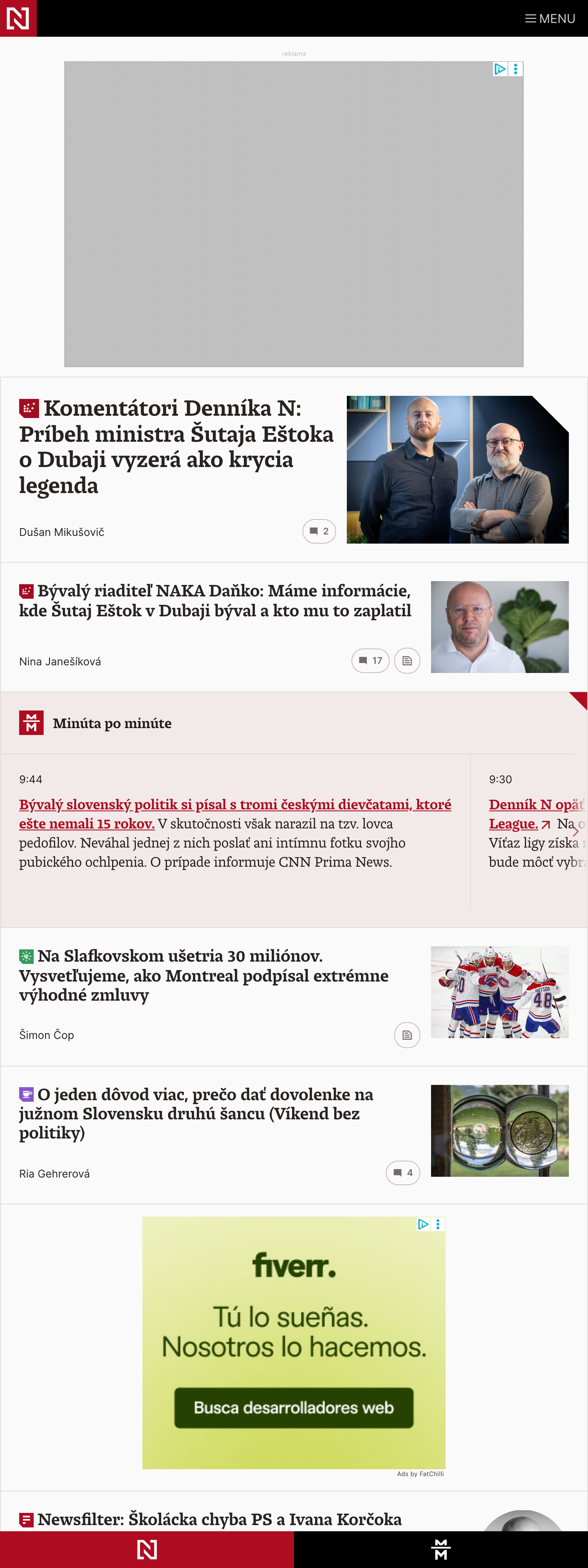 Screenshot of the Denník N front page