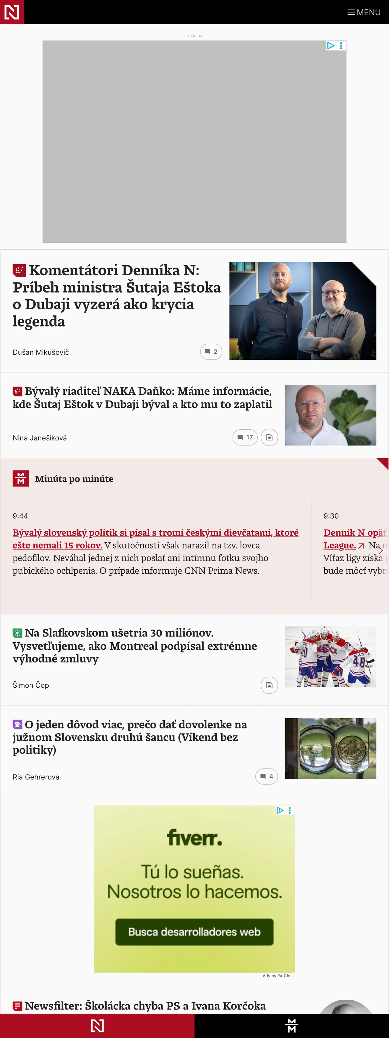 Screenshot of the Denník N front page
