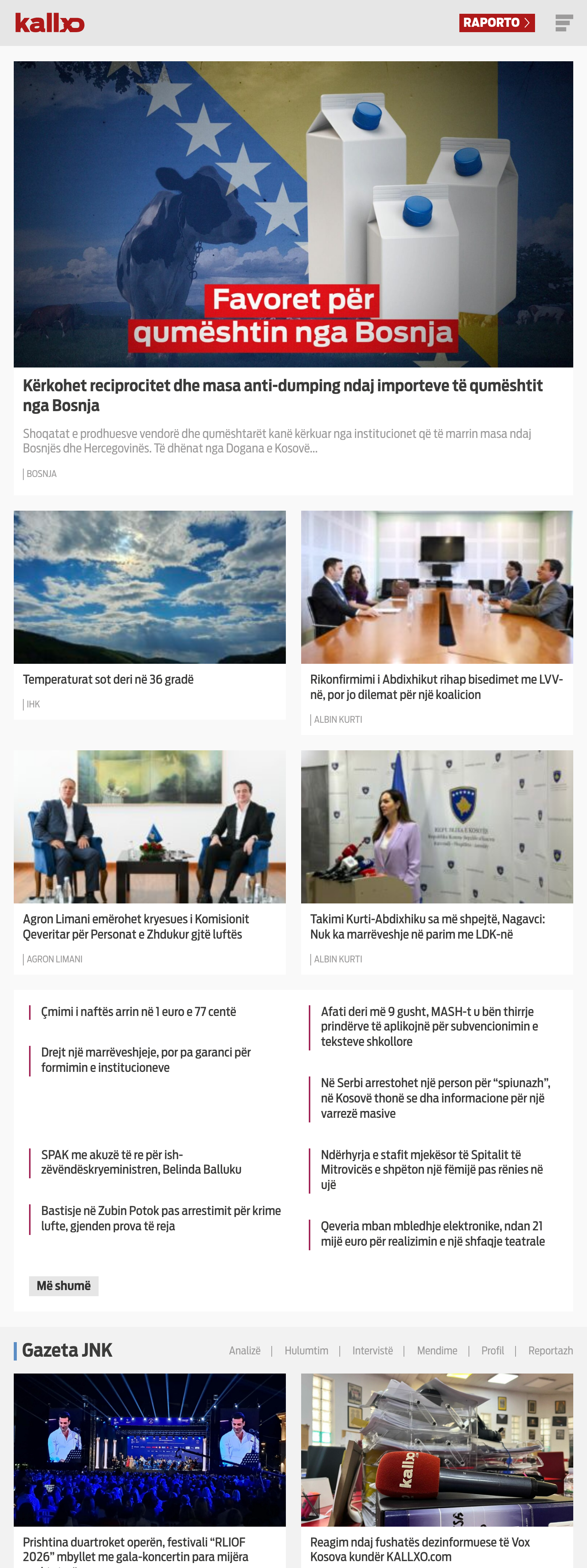 Screenshot of the Kallxo front page