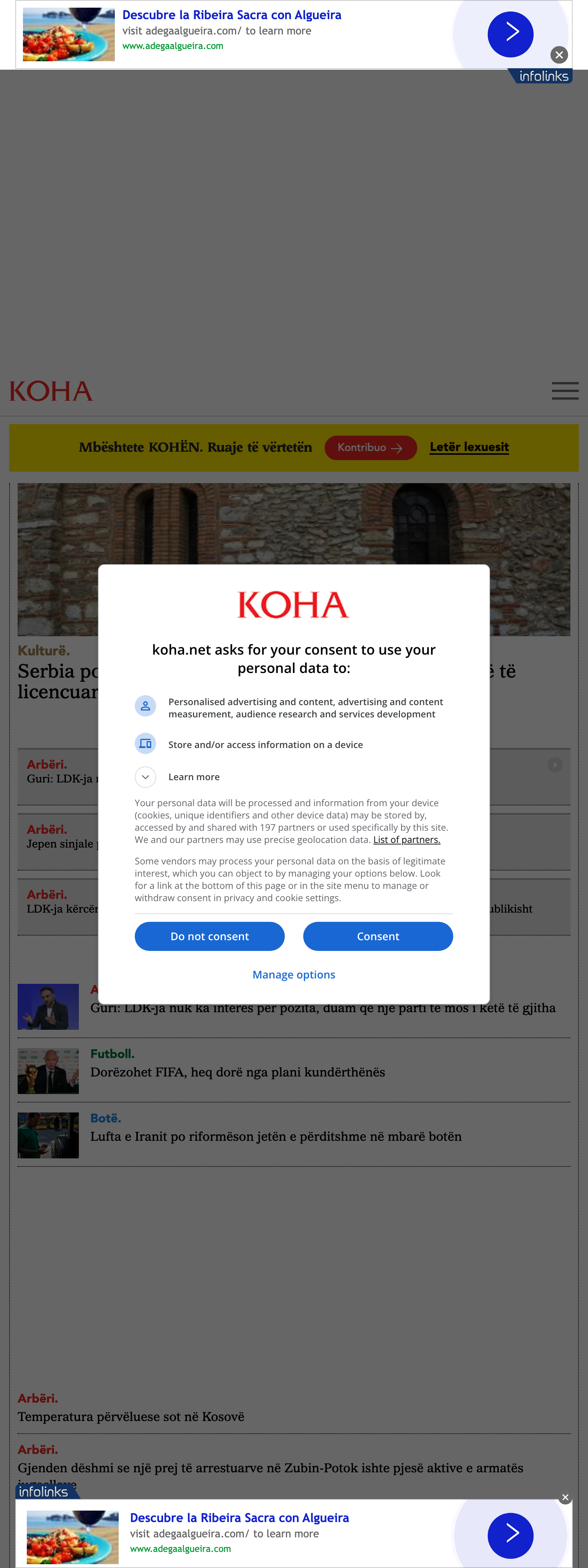 Screenshot of the Koha Ditore front page
