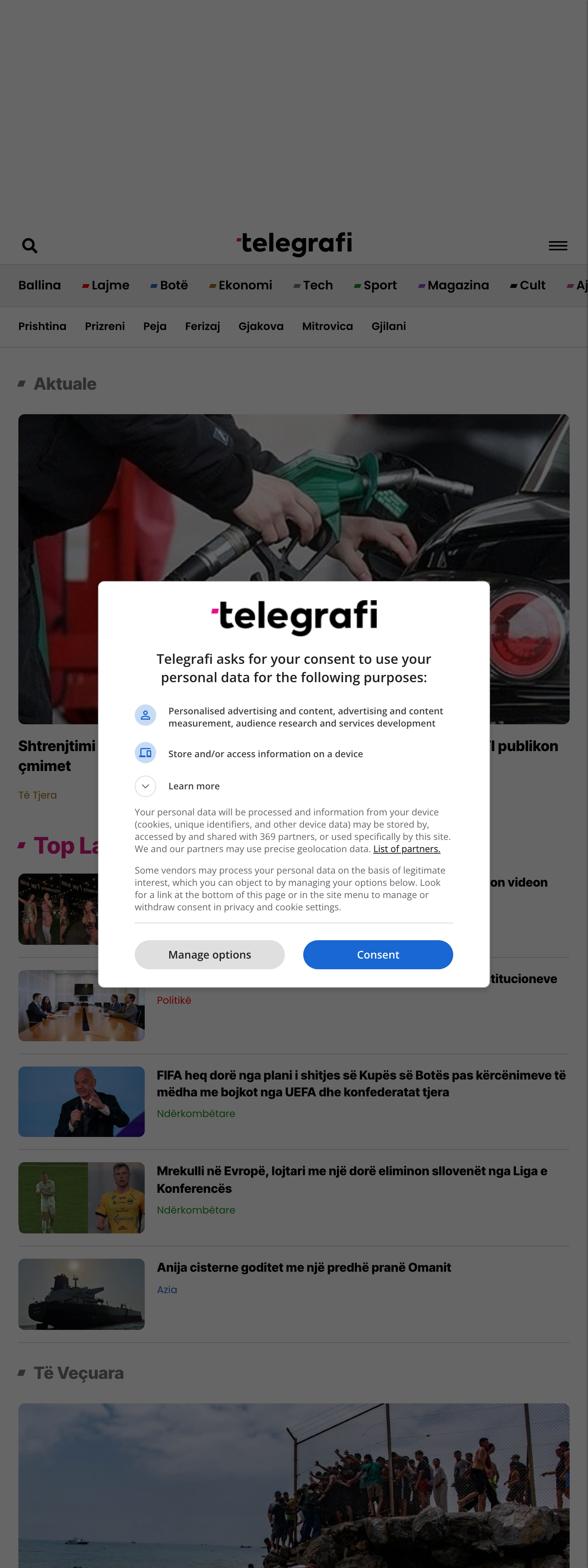 Screenshot of the Telegrafi front page