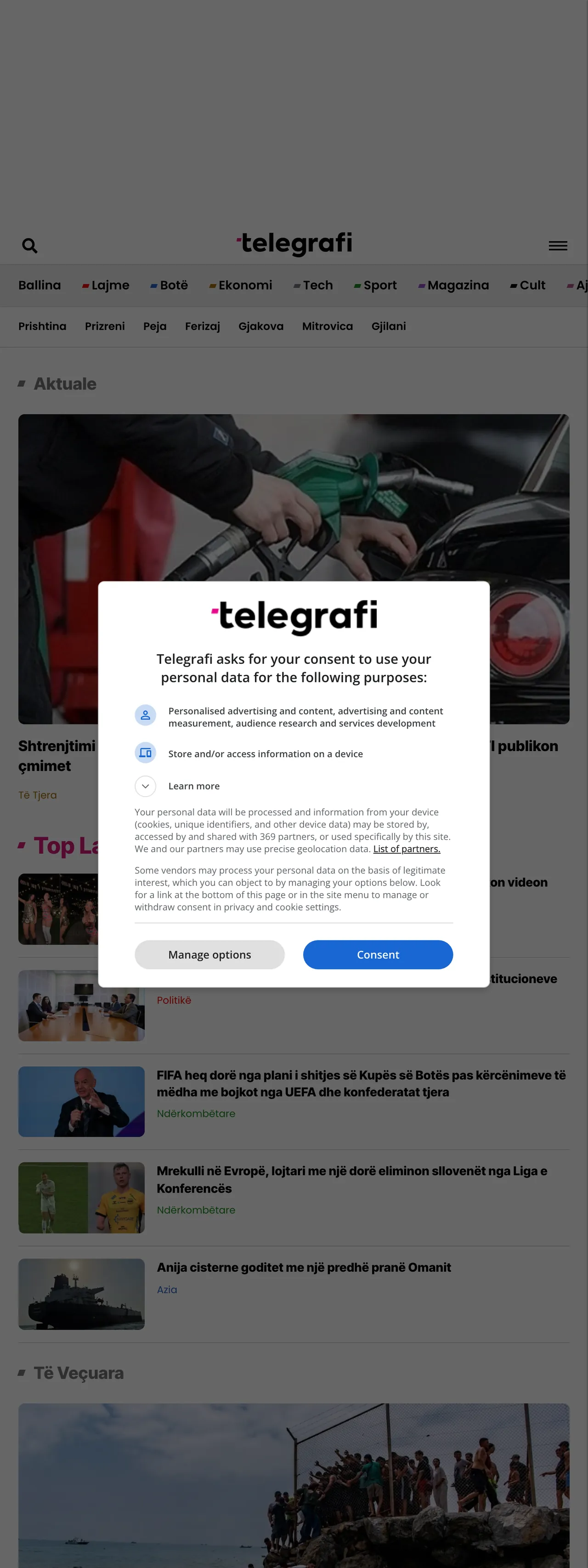 Screenshot of the Telegrafi front page