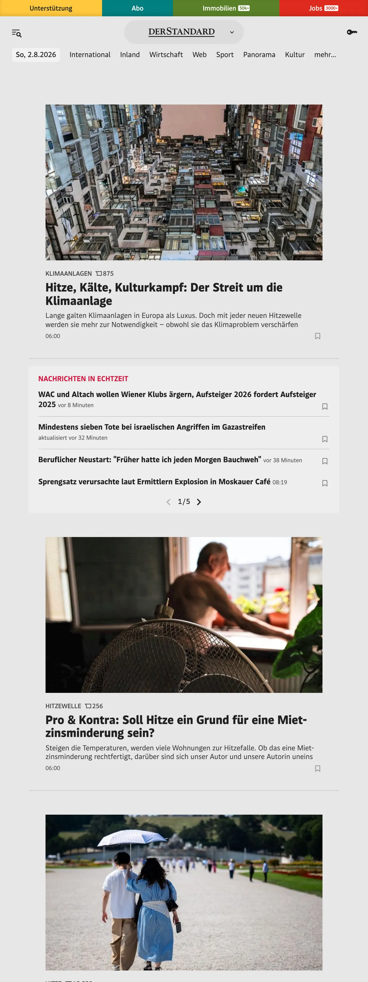 Screenshot of the DER STANDARD front page