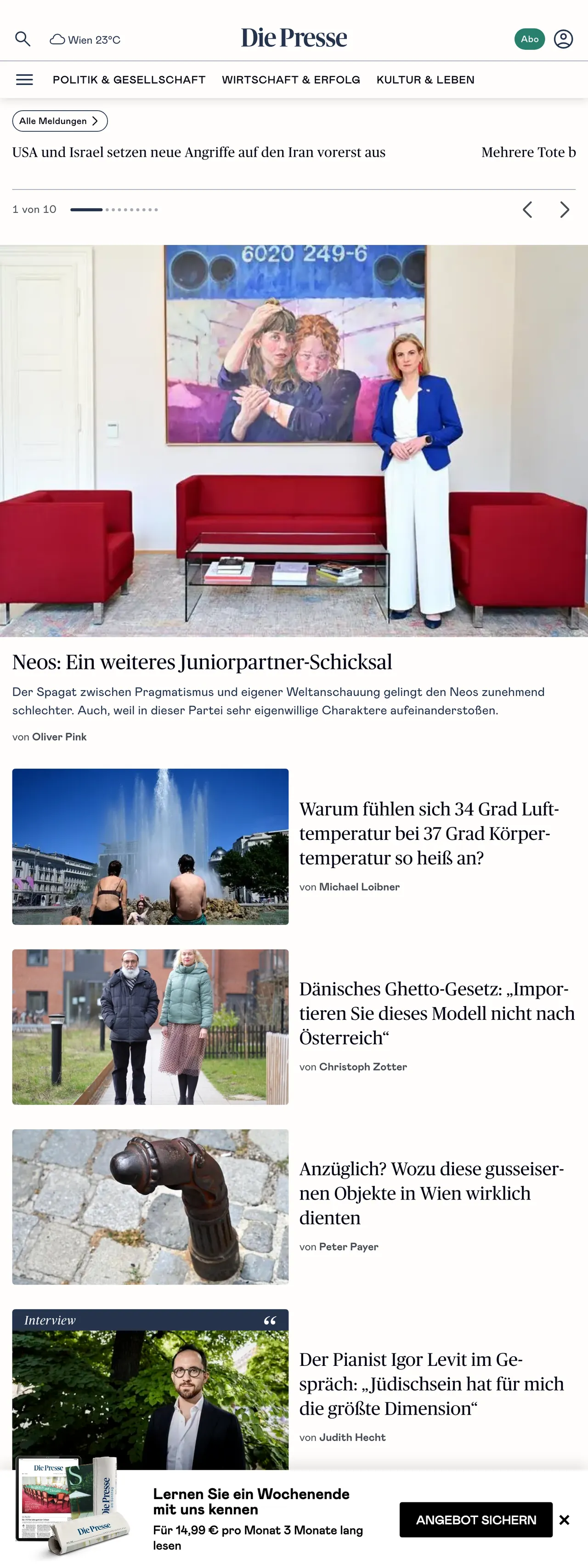 Screenshot of the Die Presse front page