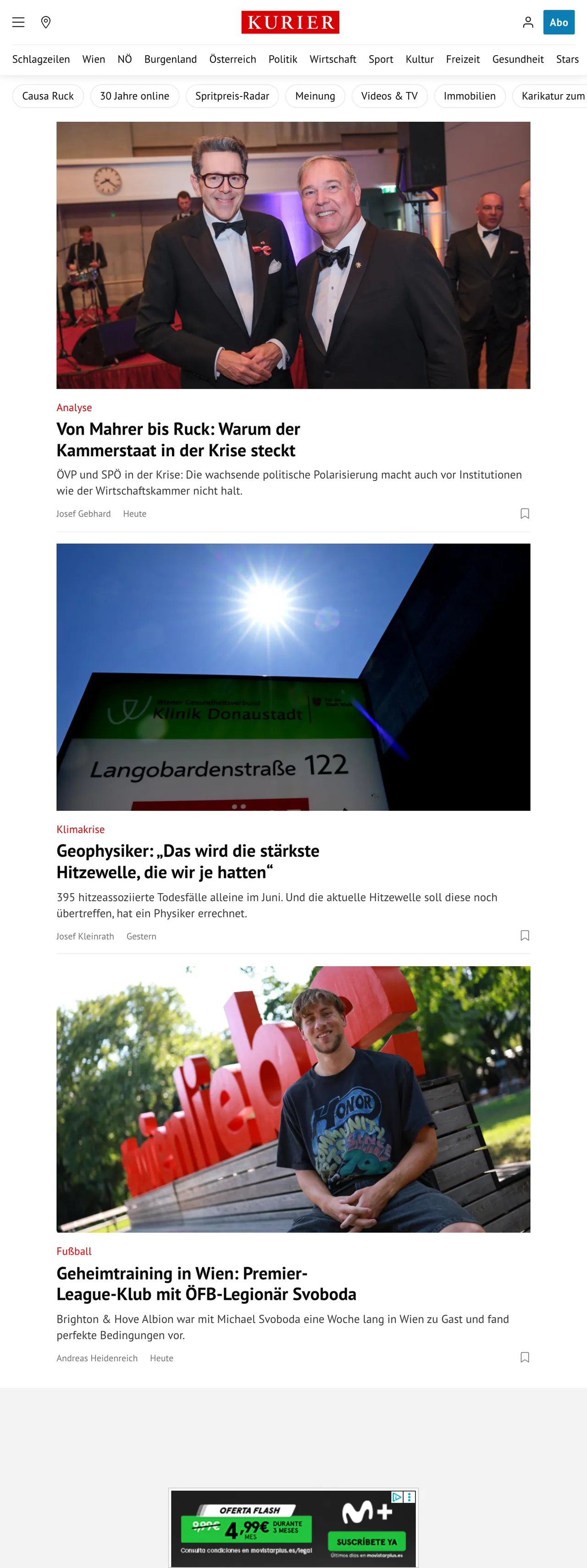Screenshot of the Kurier front page