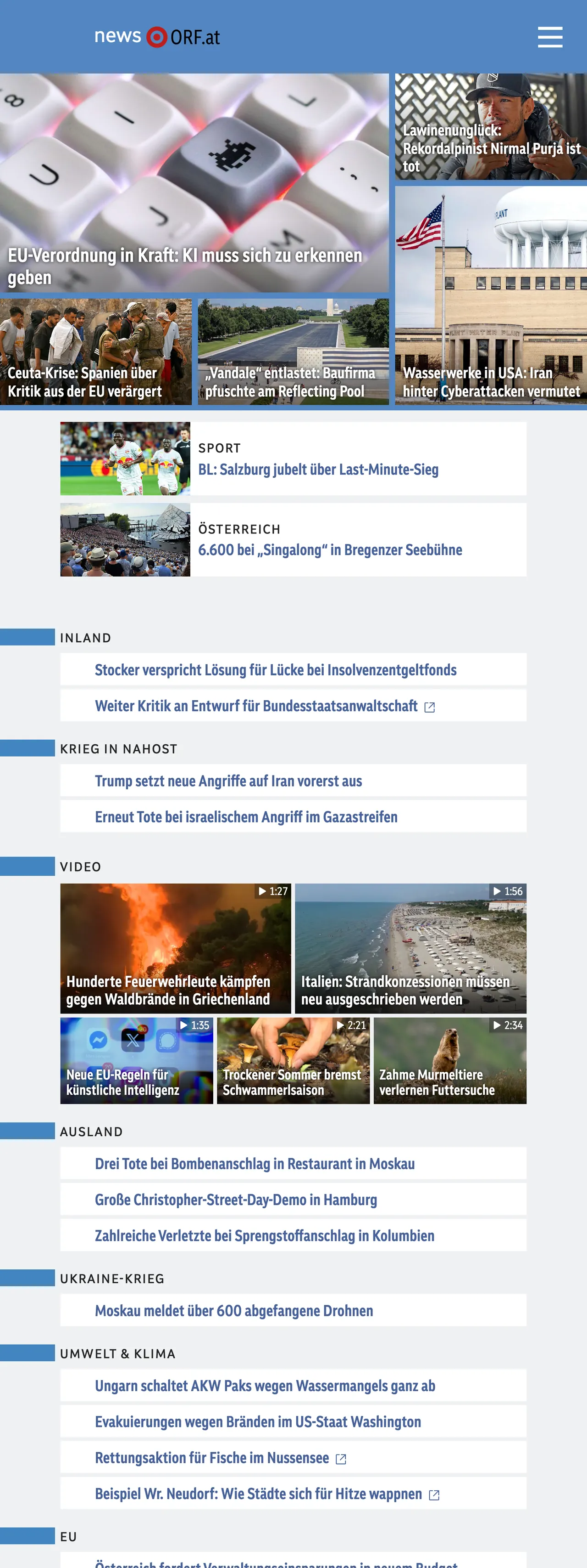 Screenshot of the ORF front page