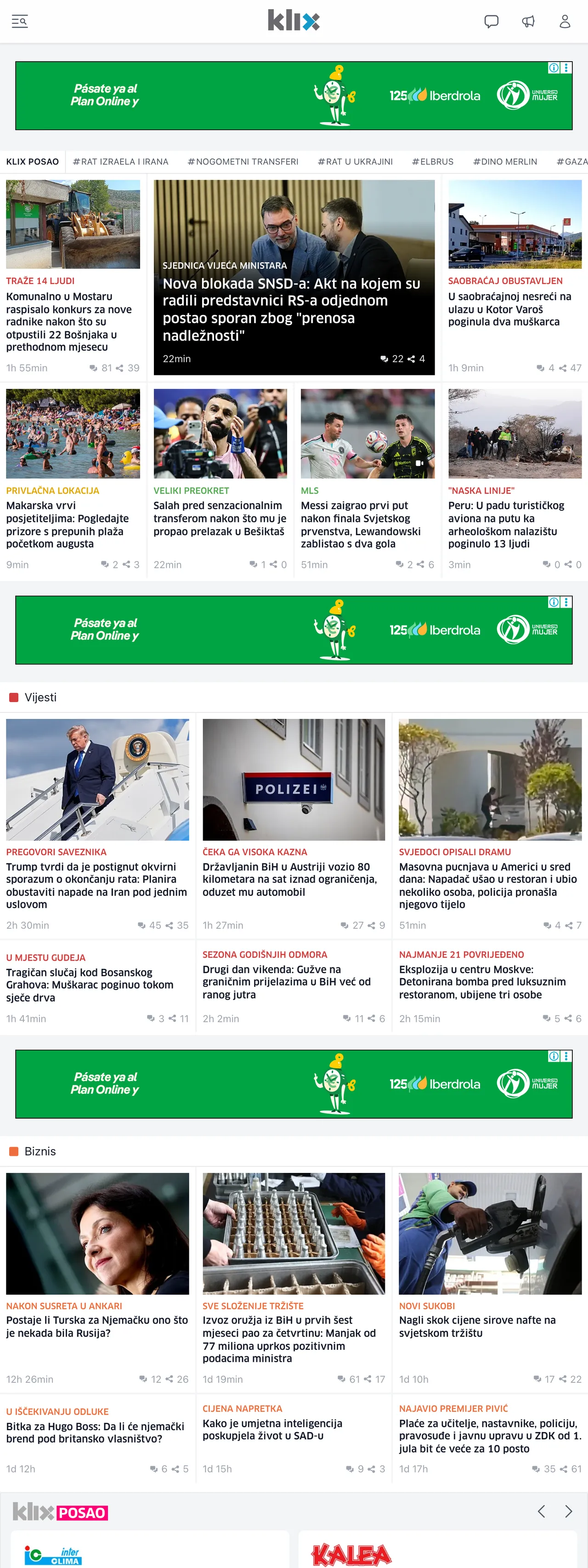 Screenshot of the Klix.ba front page
