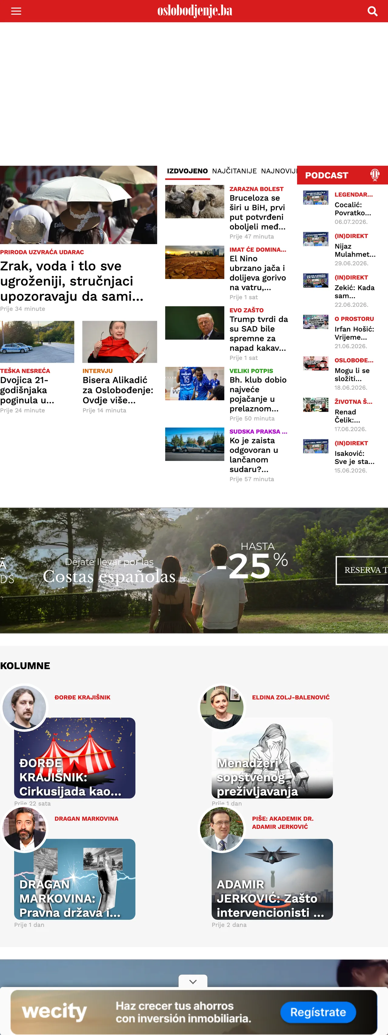 Screenshot of the Oslobođenje front page