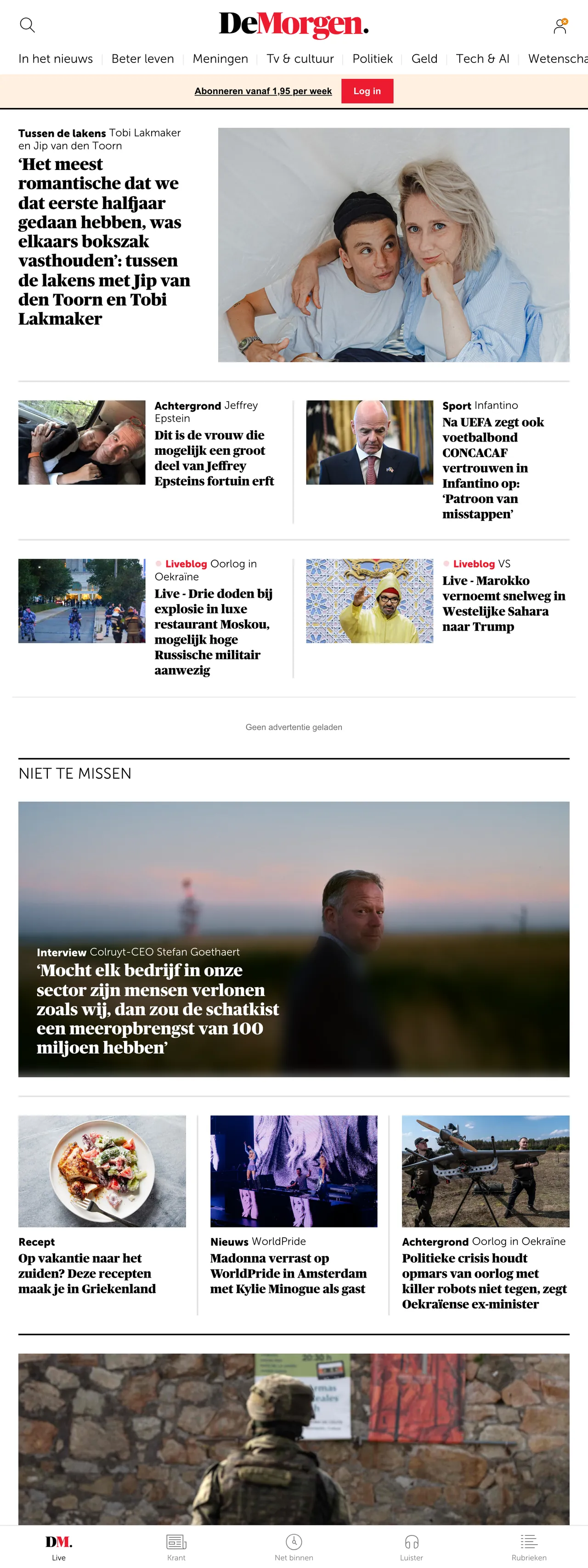 Screenshot of the De Morgen front page