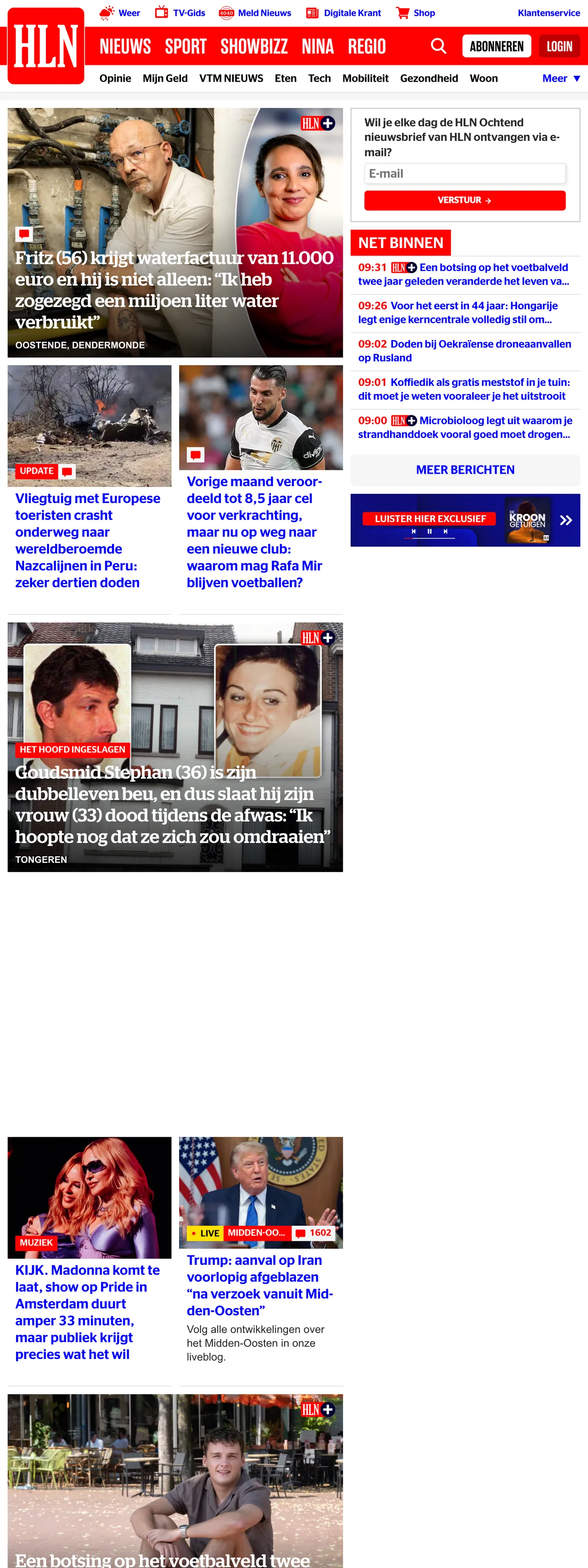 Screenshot of the HLN front page