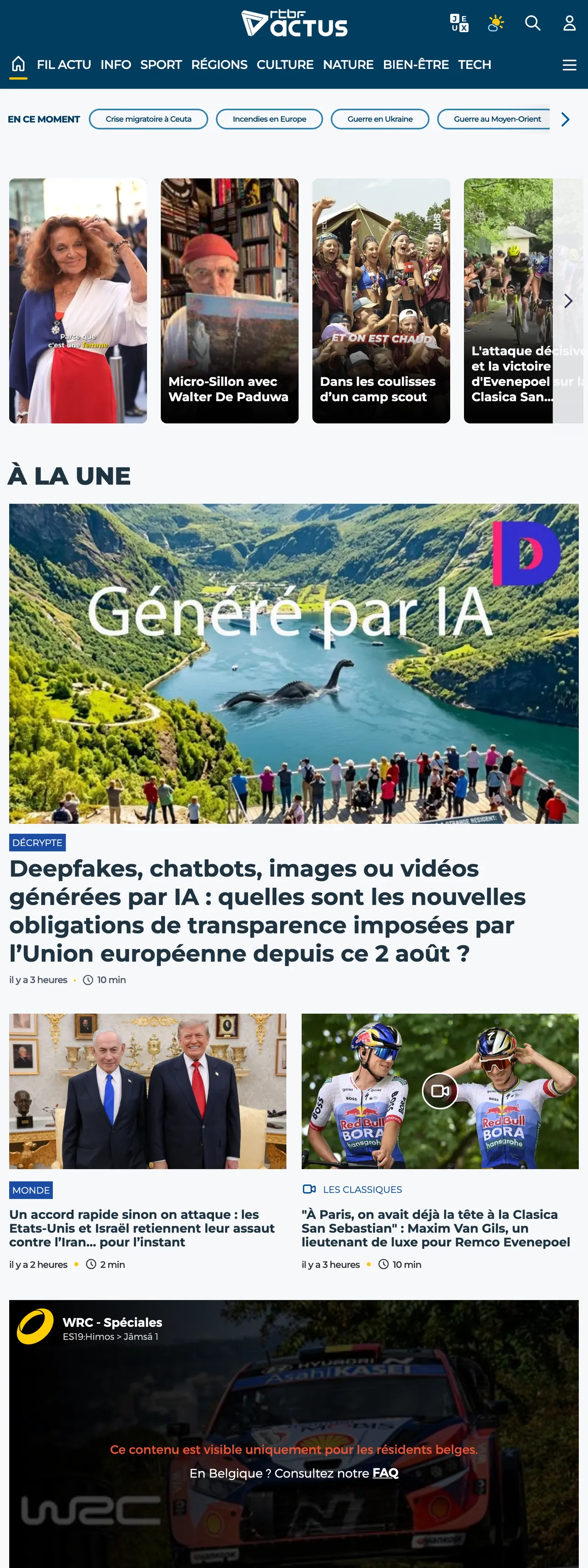Screenshot of the RTBF front page