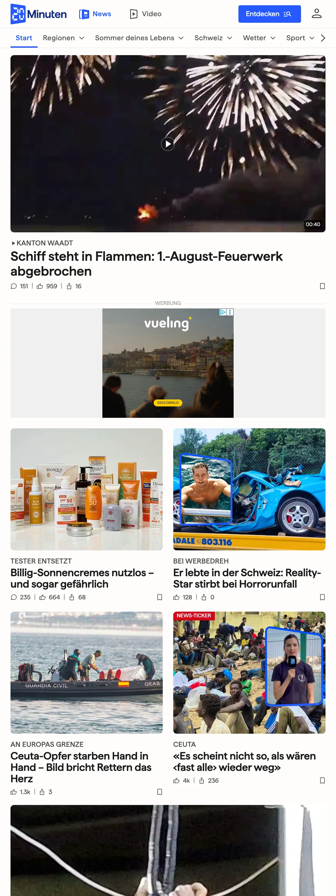 Screenshot of the 20 Minuten front page