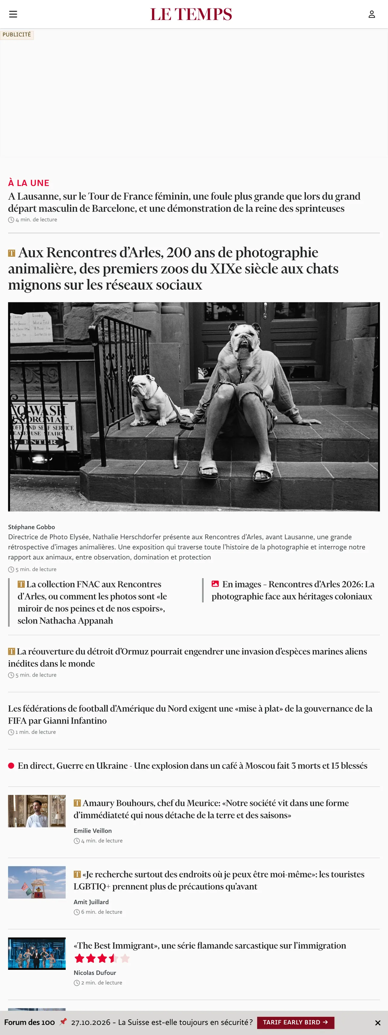Screenshot of the Le Temps front page