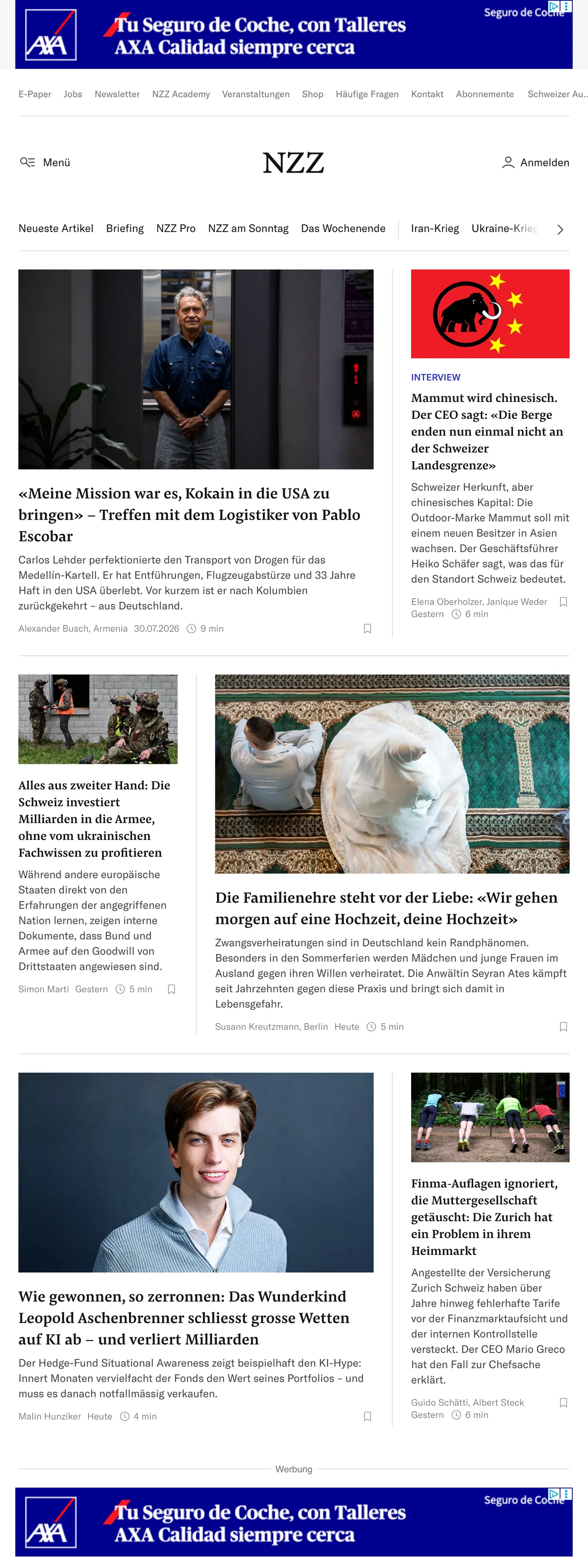 Screenshot of the Neue Zürcher Zeitung front page