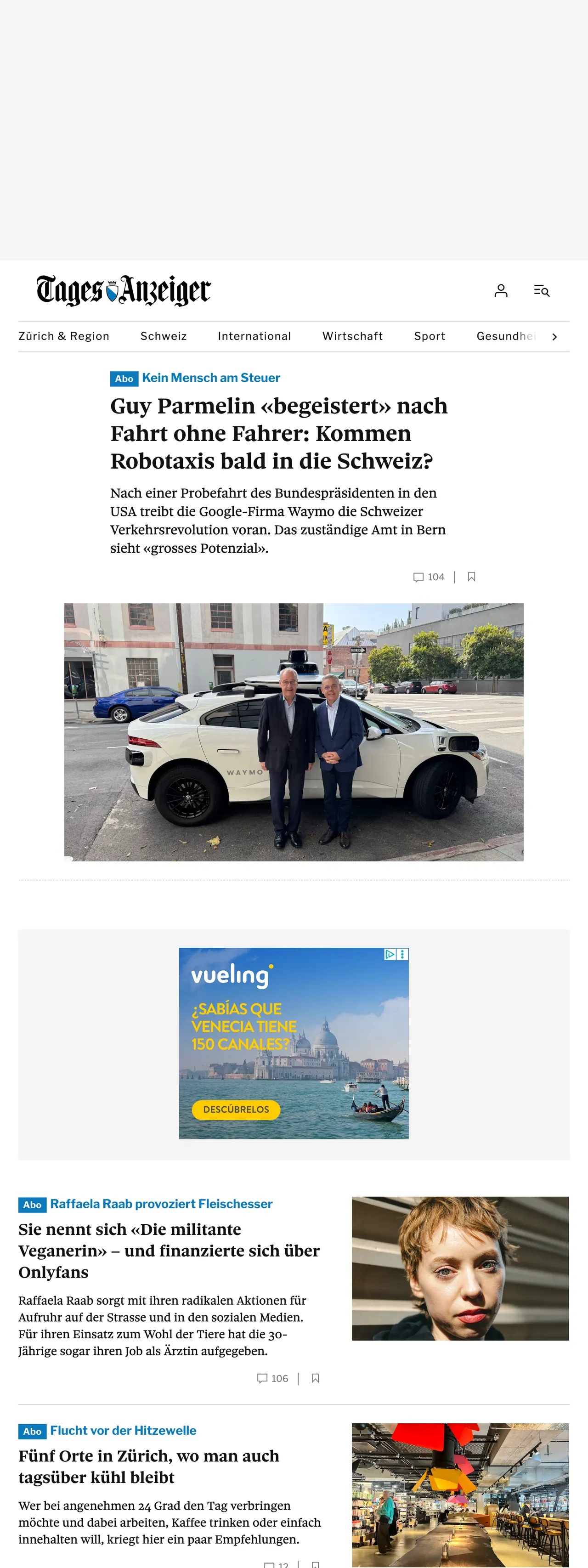 Screenshot of the Tages-Anzeiger front page