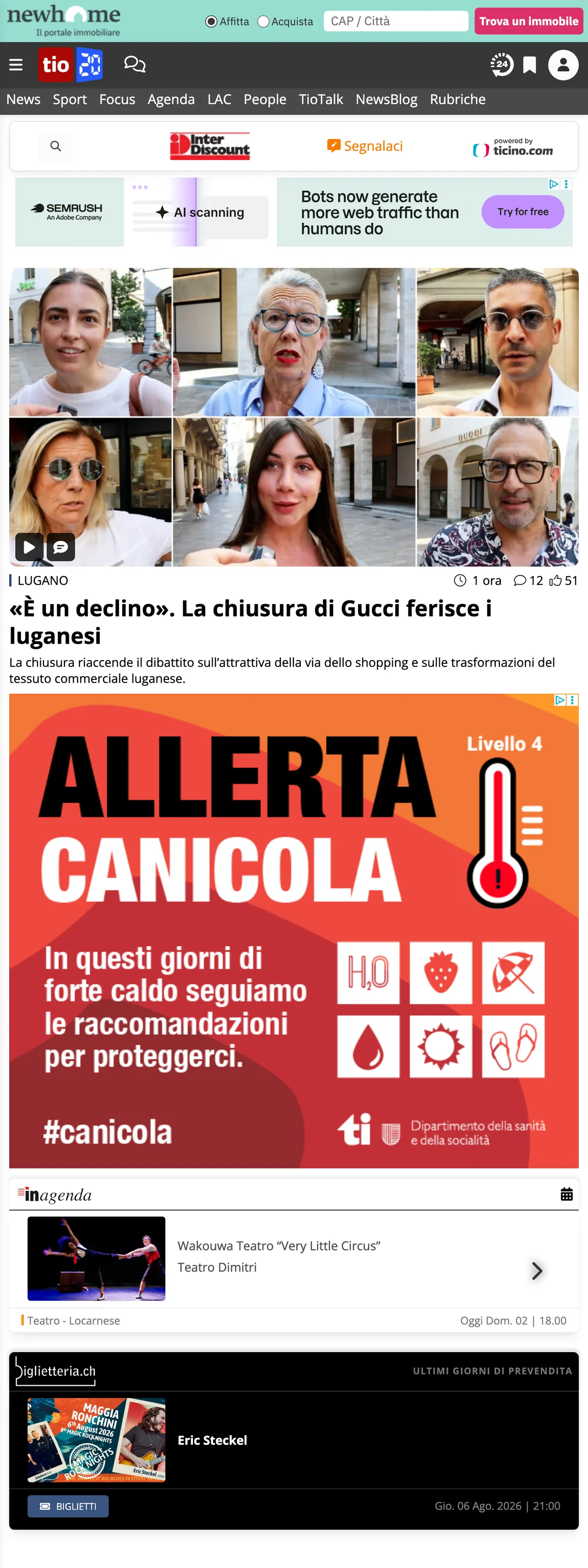 Screenshot of the Ticinonline front page