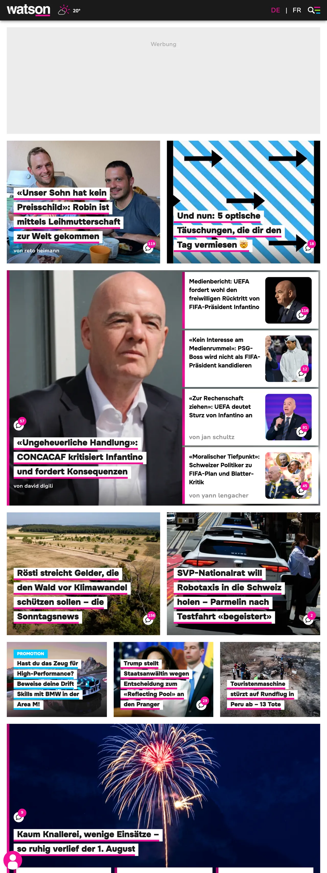 Screenshot of the watson front page