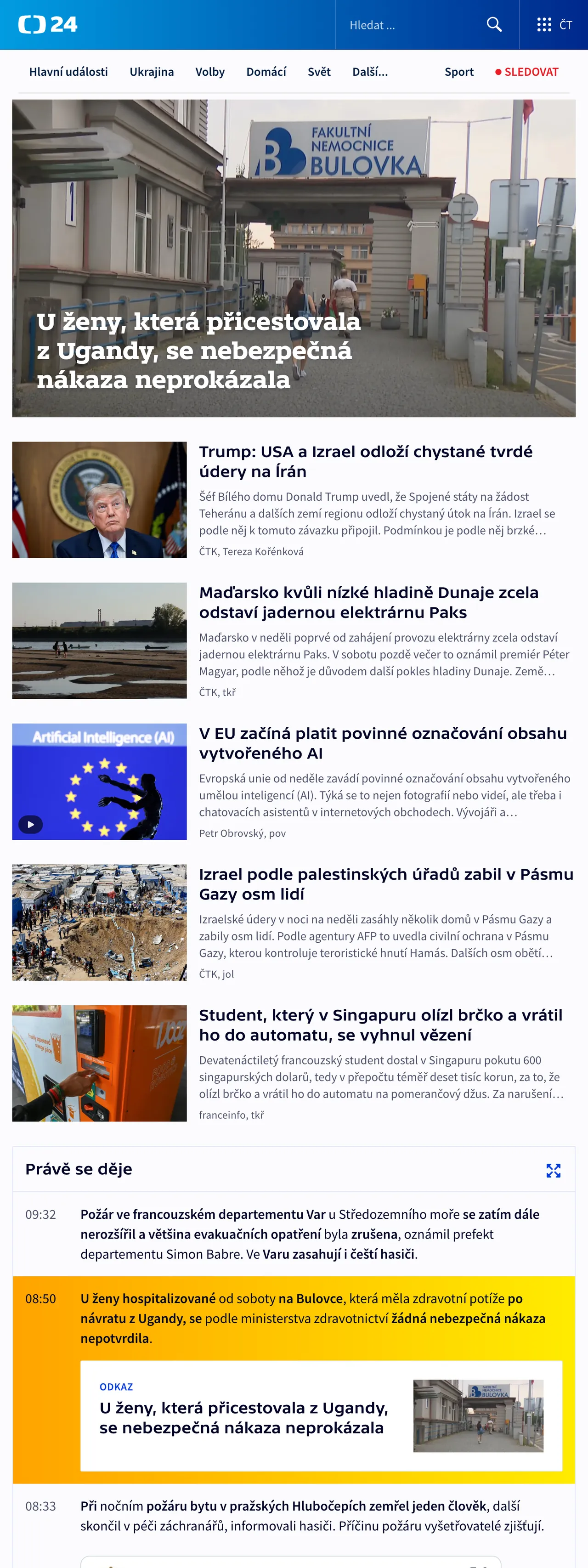 Screenshot of the ČT24 front page