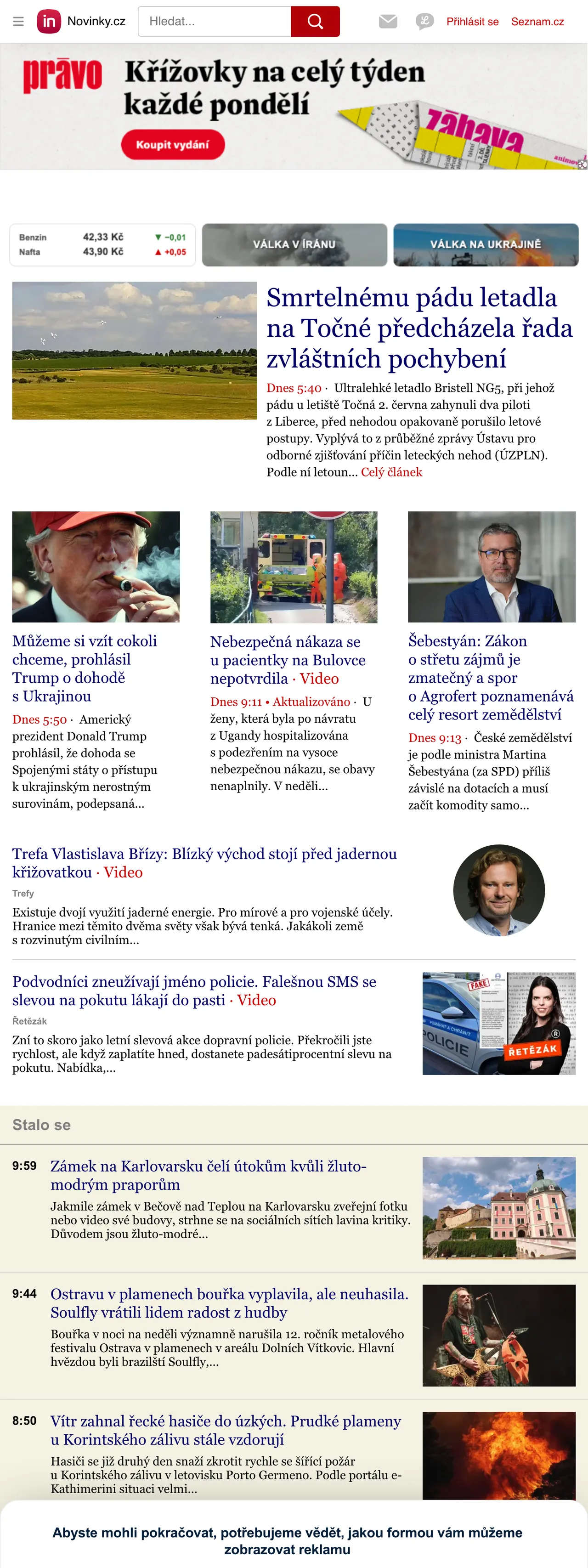Screenshot of the Novinky.cz front page