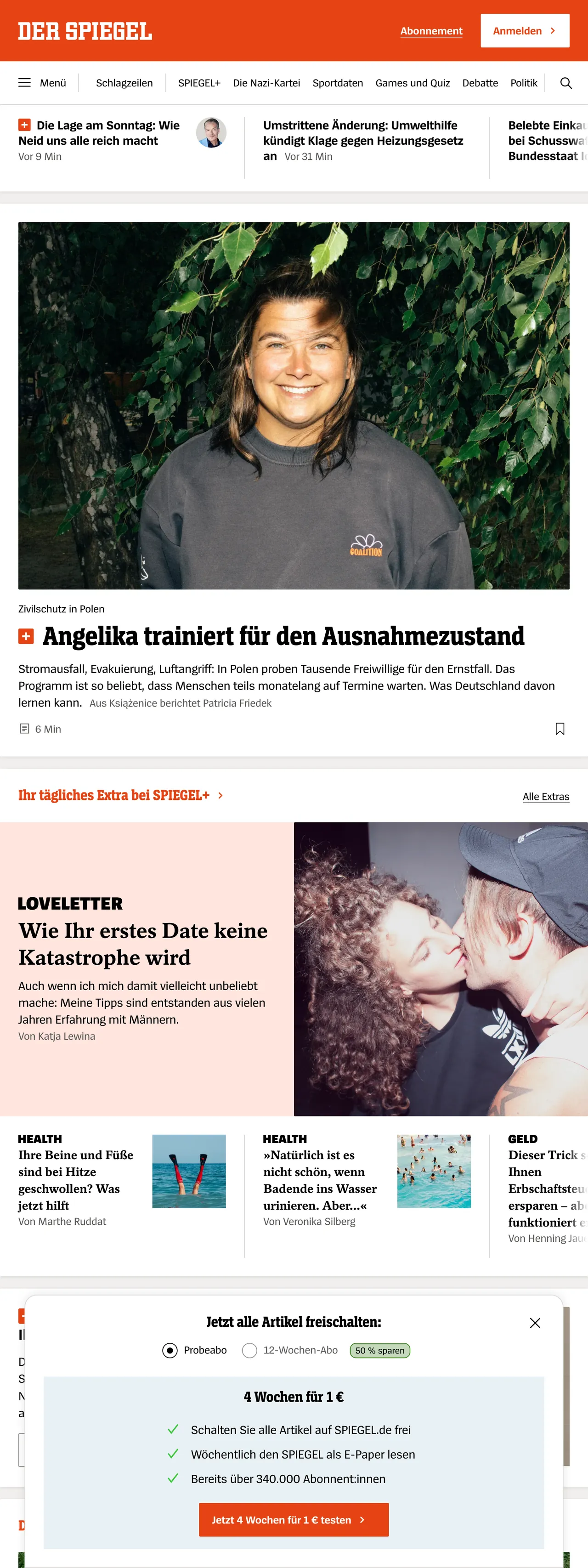 Screenshot of the DER SPIEGEL front page