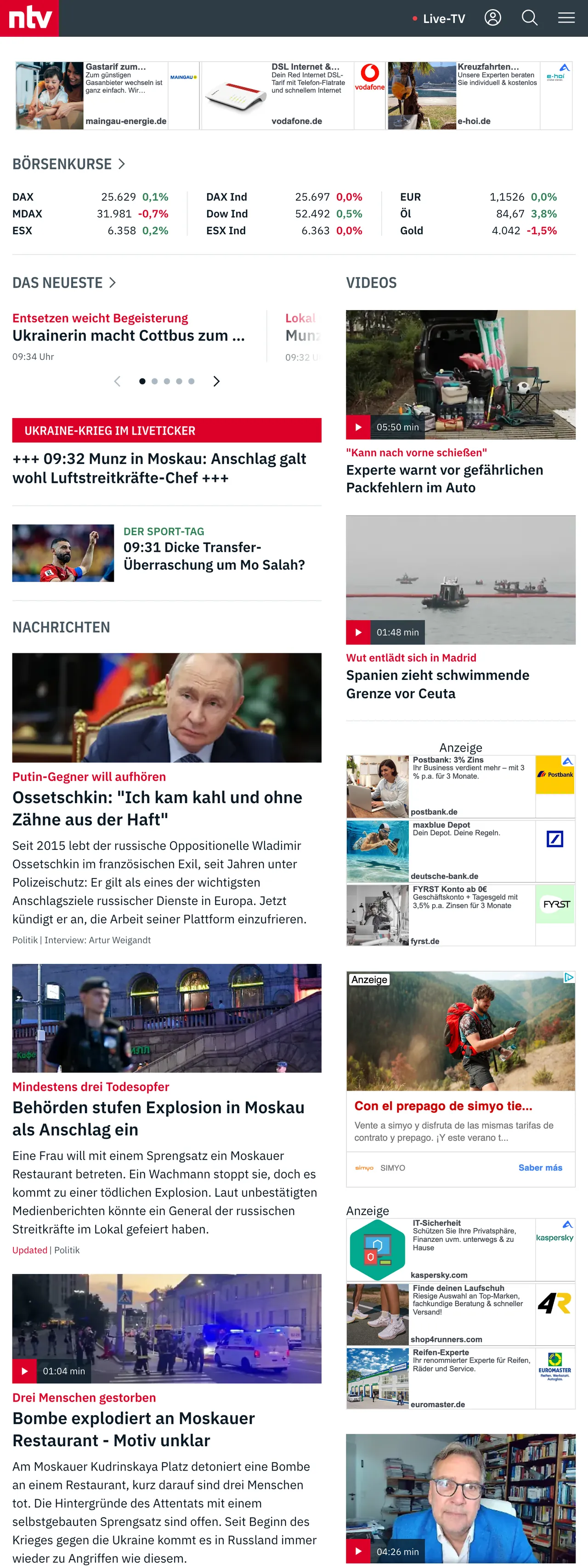 Screenshot of the n-tv front page