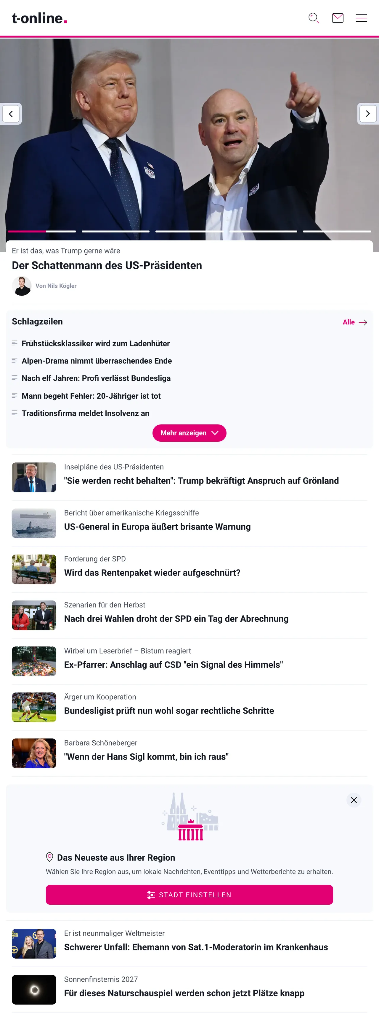 Screenshot of the t-online front page