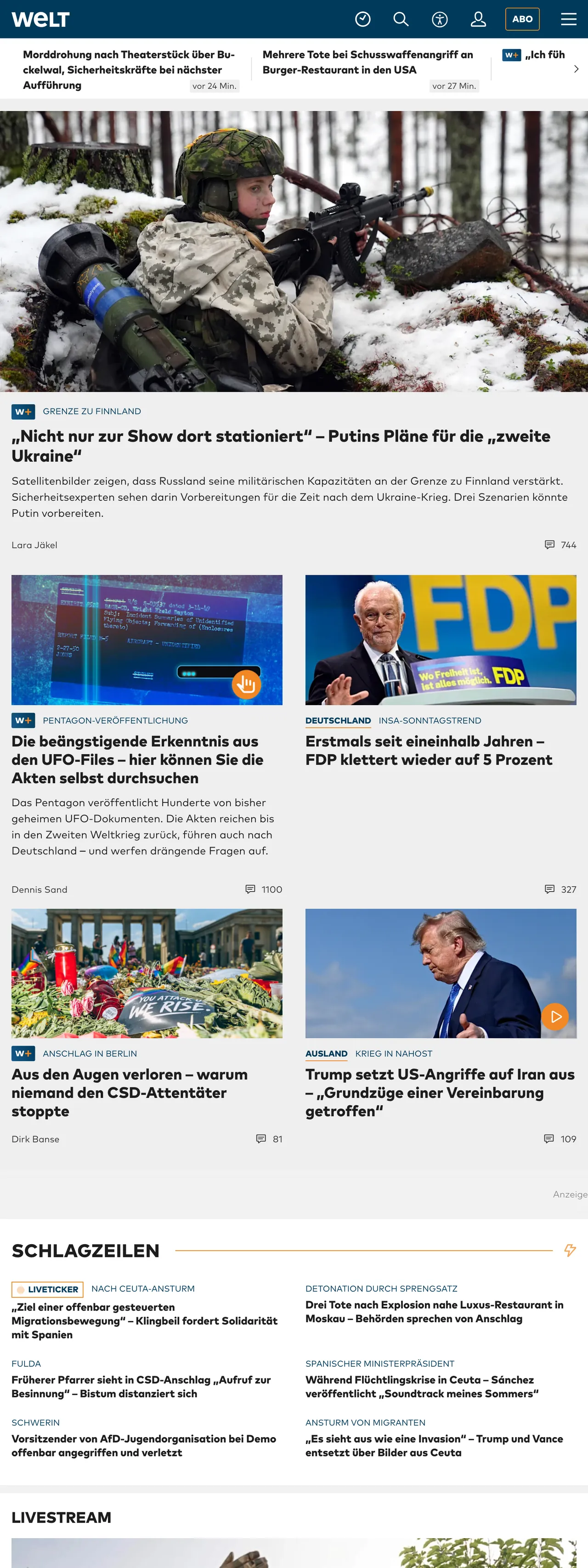 Screenshot of the WELT front page