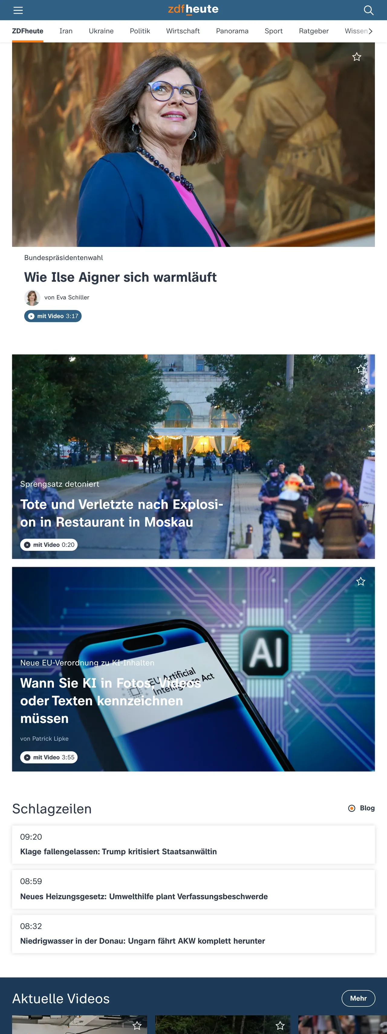 Screenshot of the ZDFheute front page