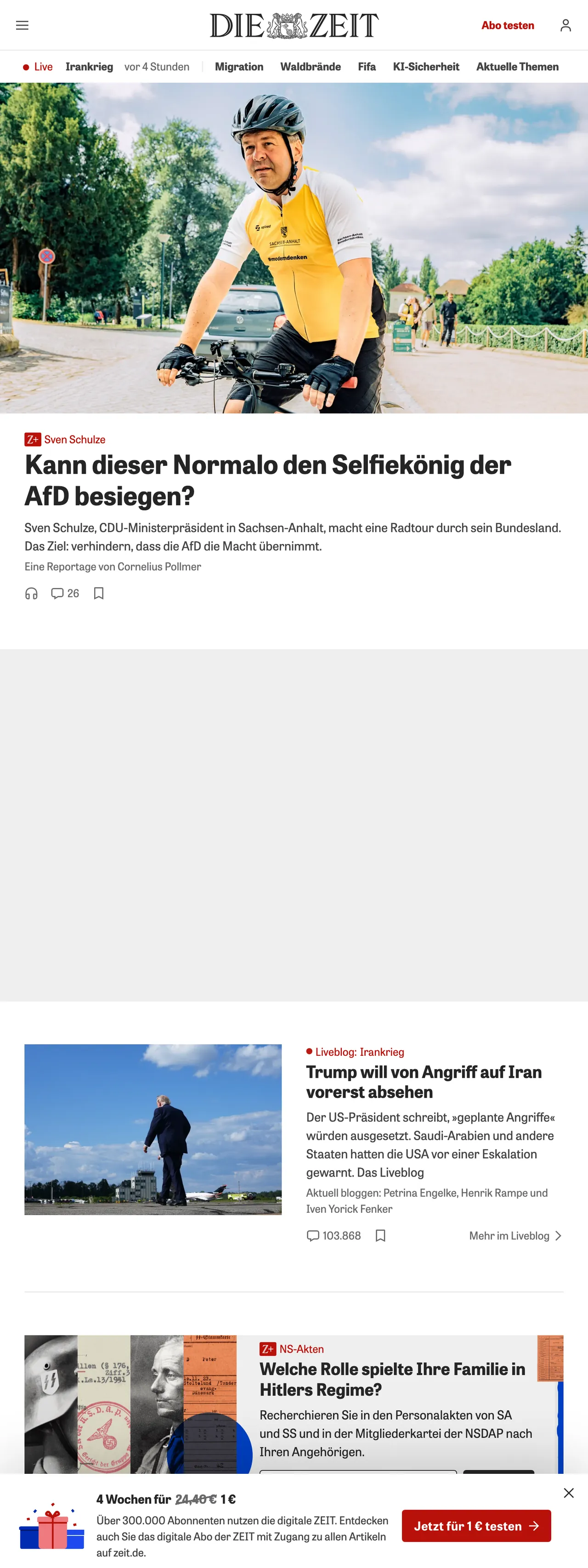 Screenshot of the ZEIT ONLINE front page