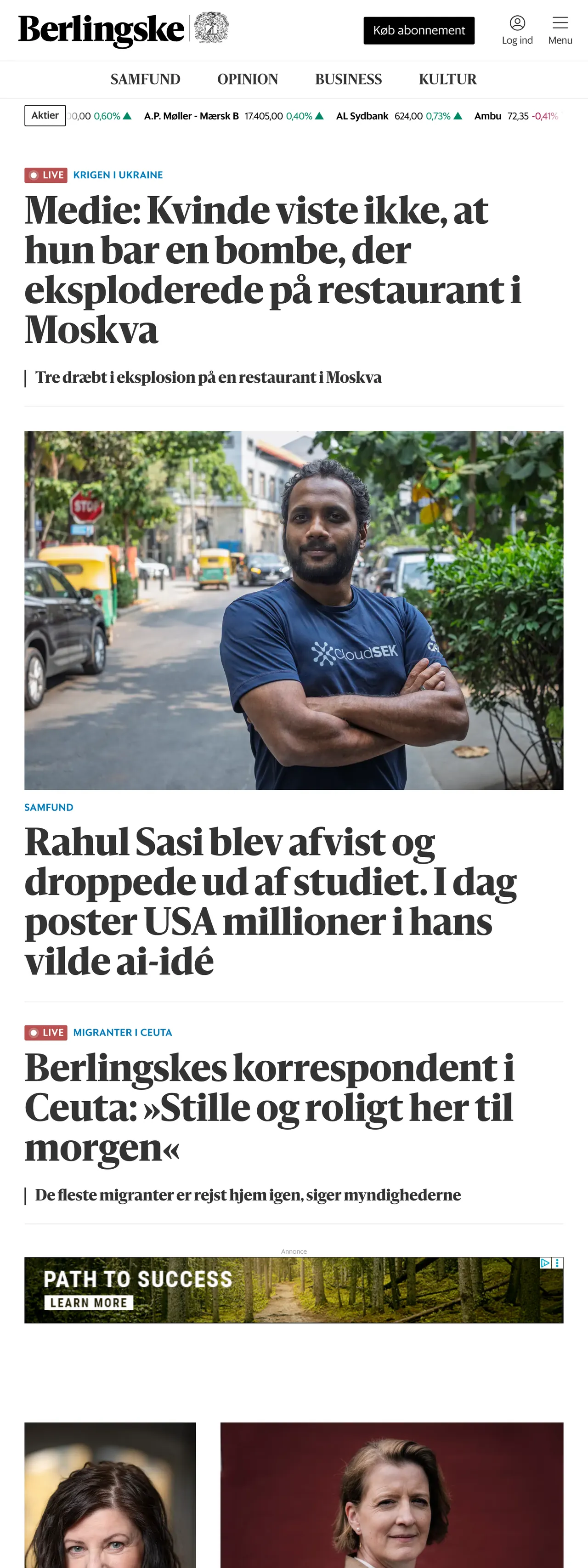 Screenshot of the Berlingske front page