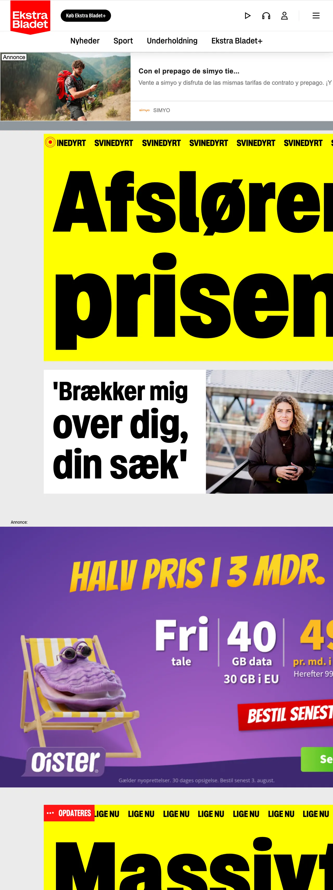 Screenshot of the Ekstra Bladet front page