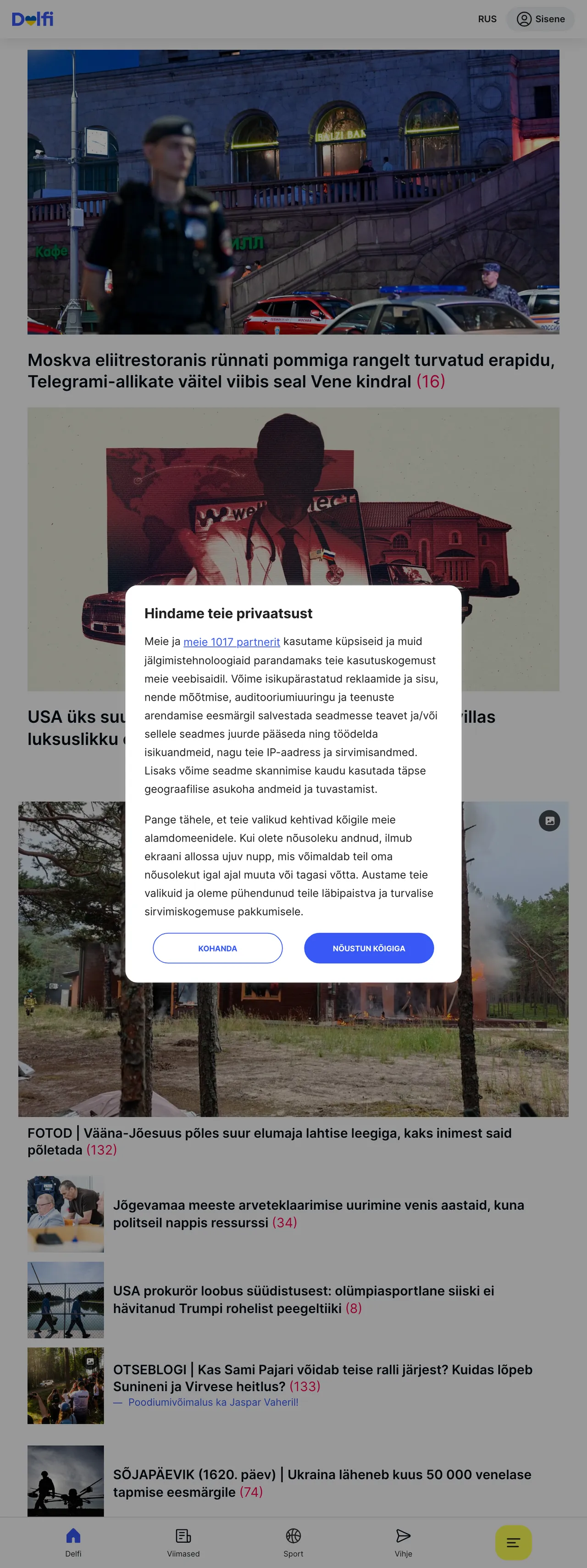 Screenshot of the Delfi front page
