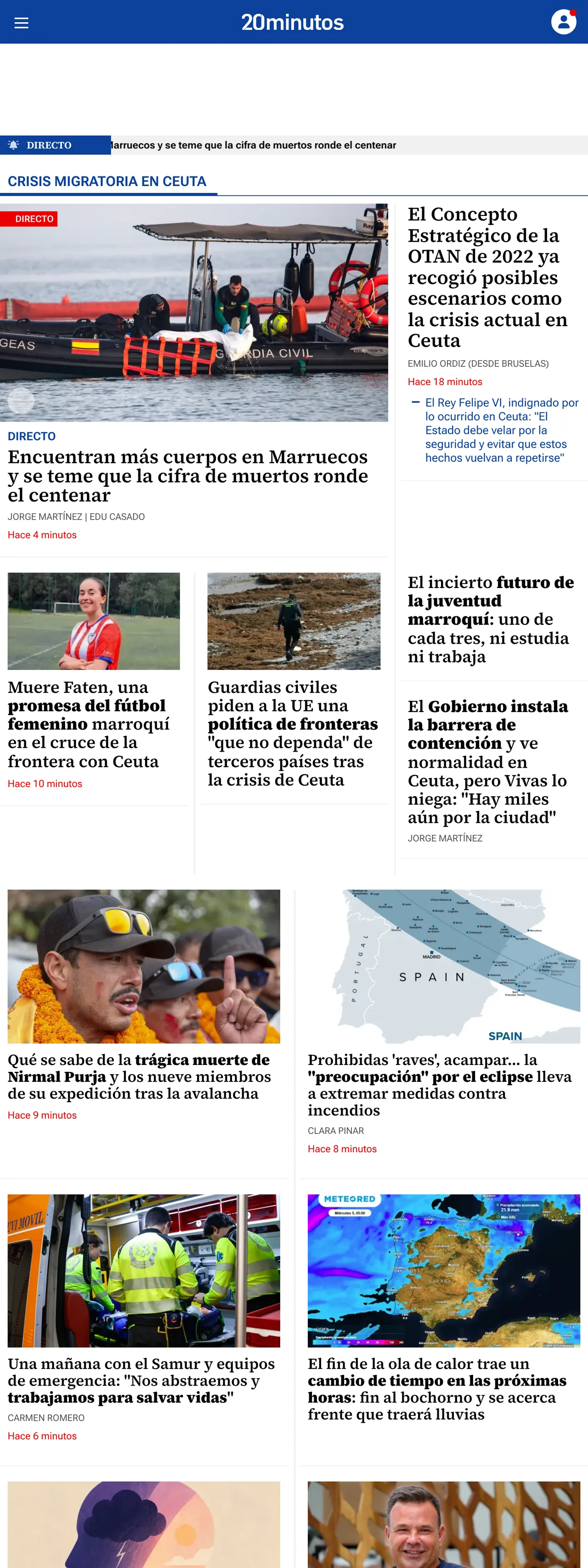 Screenshot of the 20minutos front page
