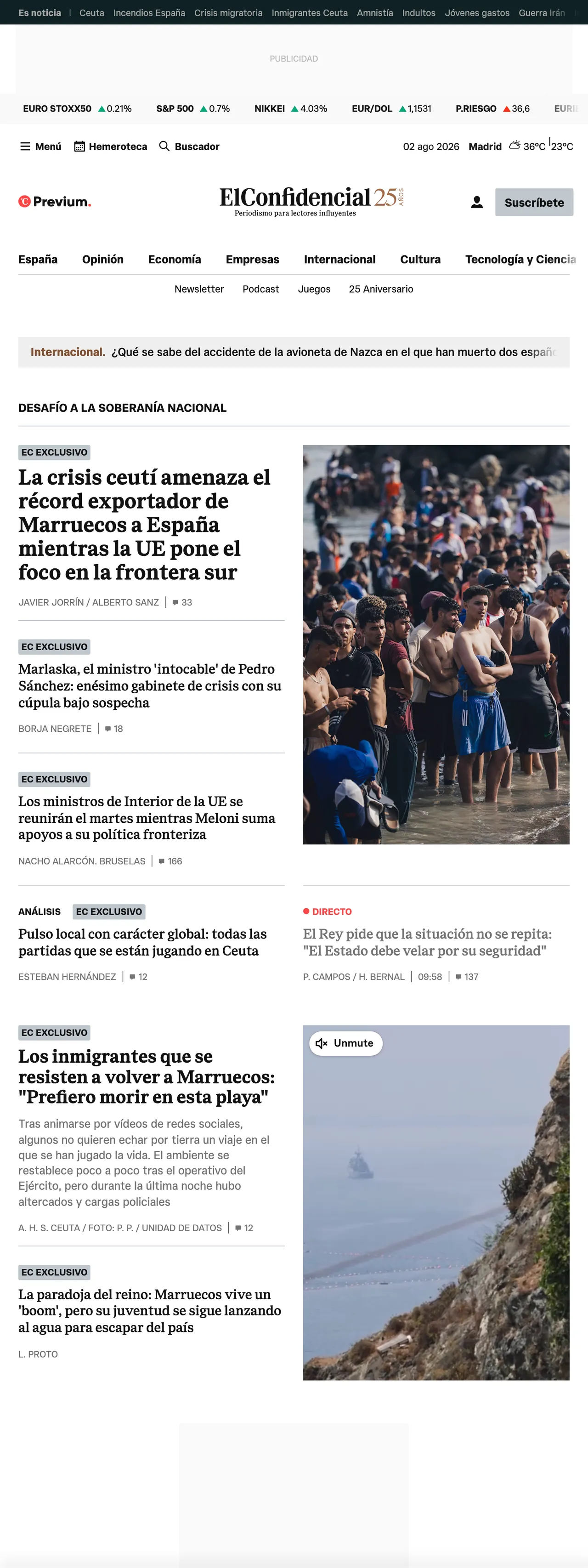Screenshot of the El Confidencial front page